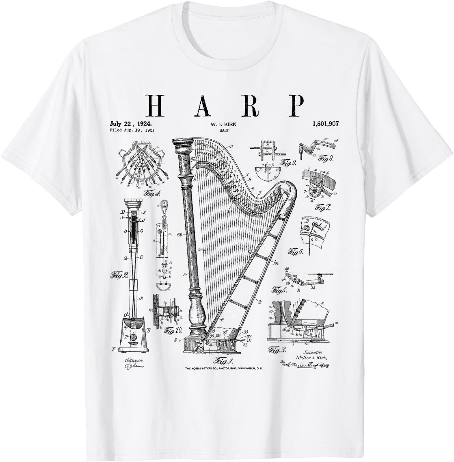 Harp Vintage Patent Harpist Drawing Print T-Shirt - T-Shirt | White