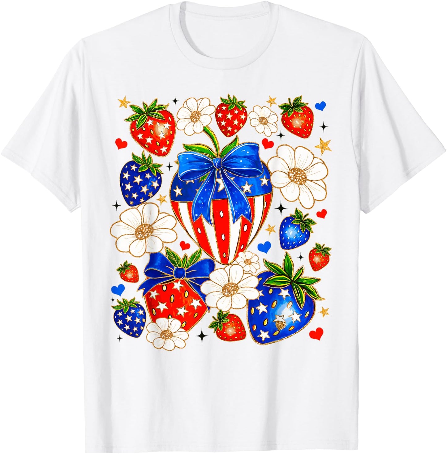 Cute Strawberries Bow USA Flag Independence Day 4th Of July T-Shirt - T-Shirt | White