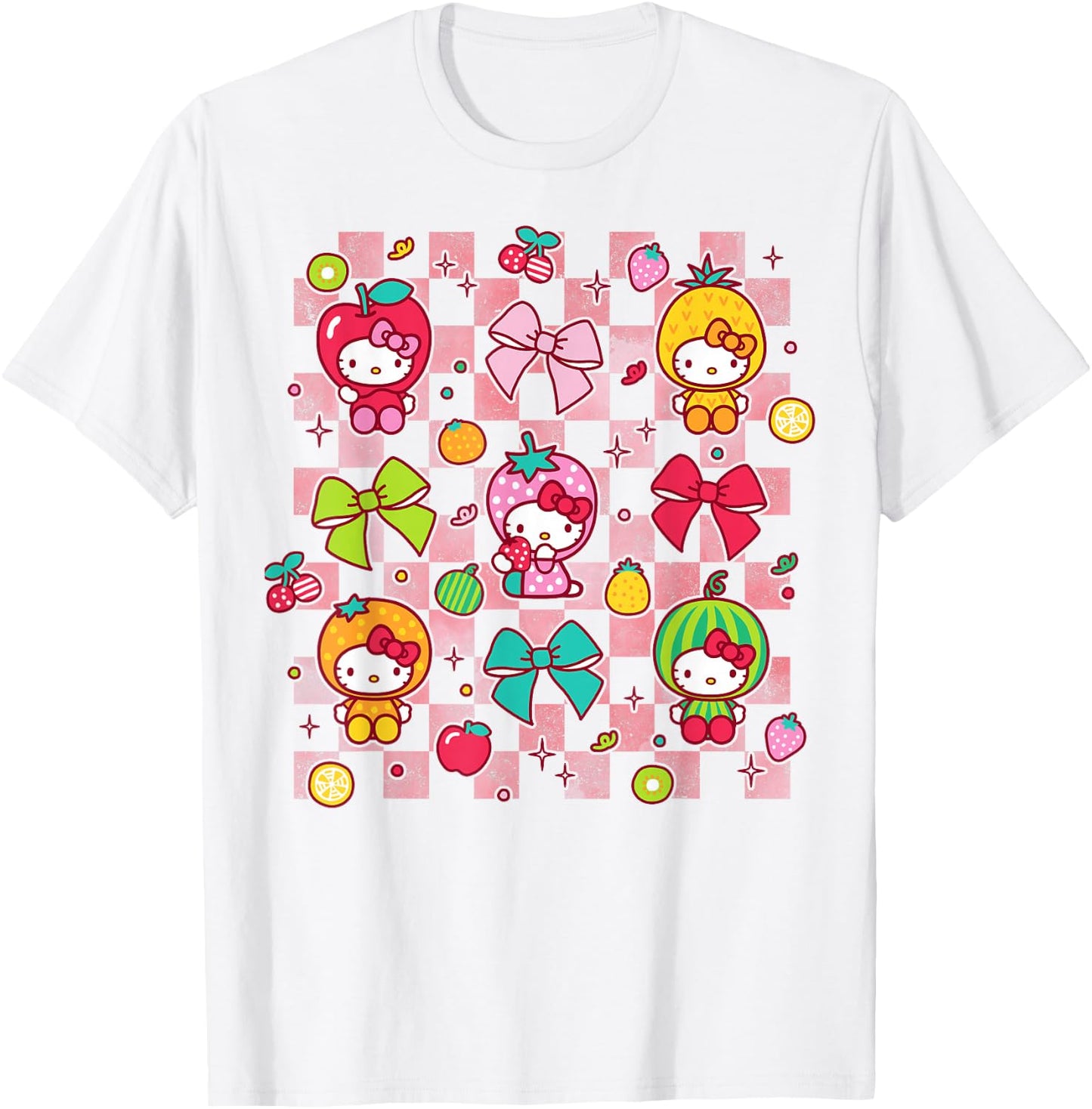 Hello Kitty Bows and Fruit Costumes Chekered Background T-Shirt - T-Shirt | White