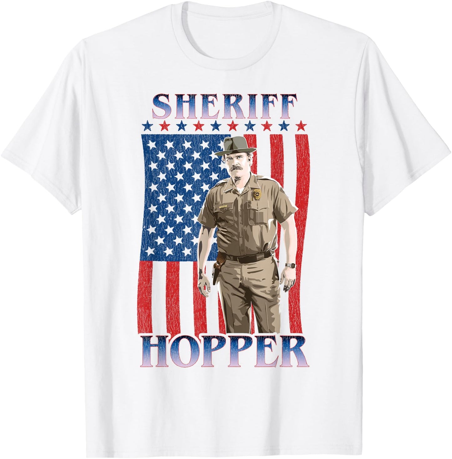 Stranger Things Sheriff Hopper American Flag Poster T-Shirt - T-Shirt | White
