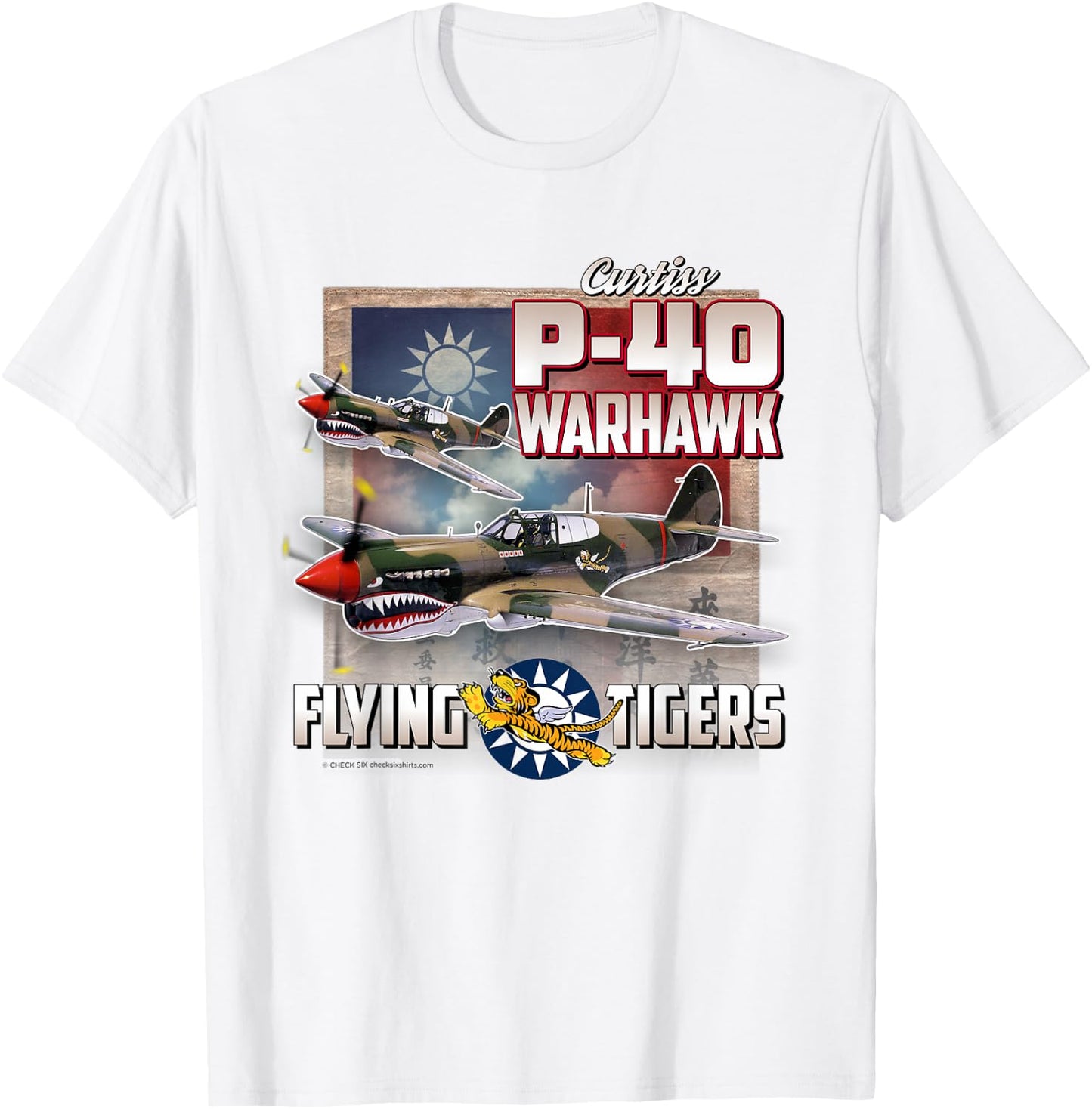 Check Six Military Aviation Store: P-40 Warhawk Flying Tigers - Men's Grey Classic Fit Short Sleeve T-Shirt - T-Shirt | White