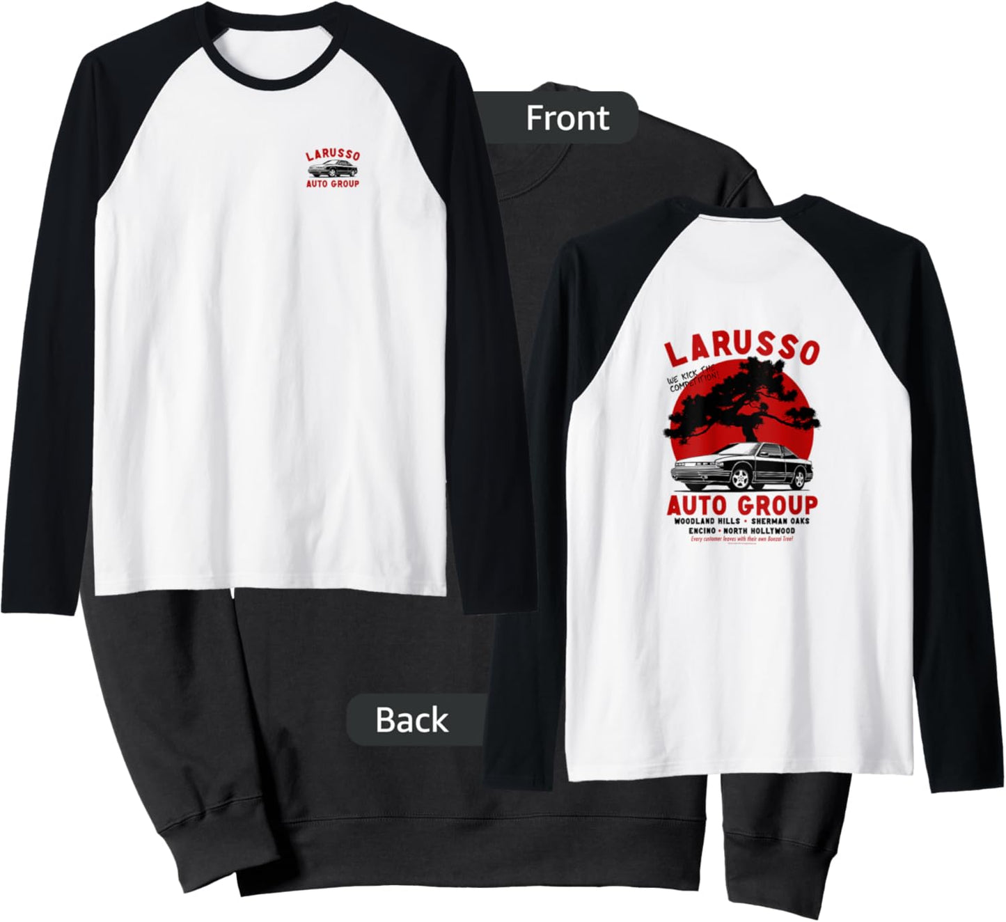 Cobra Kai Retro LaRusso Auto Group Ad Front and Back Raglan Baseball Sweatshirt - Sweatshirt | Black