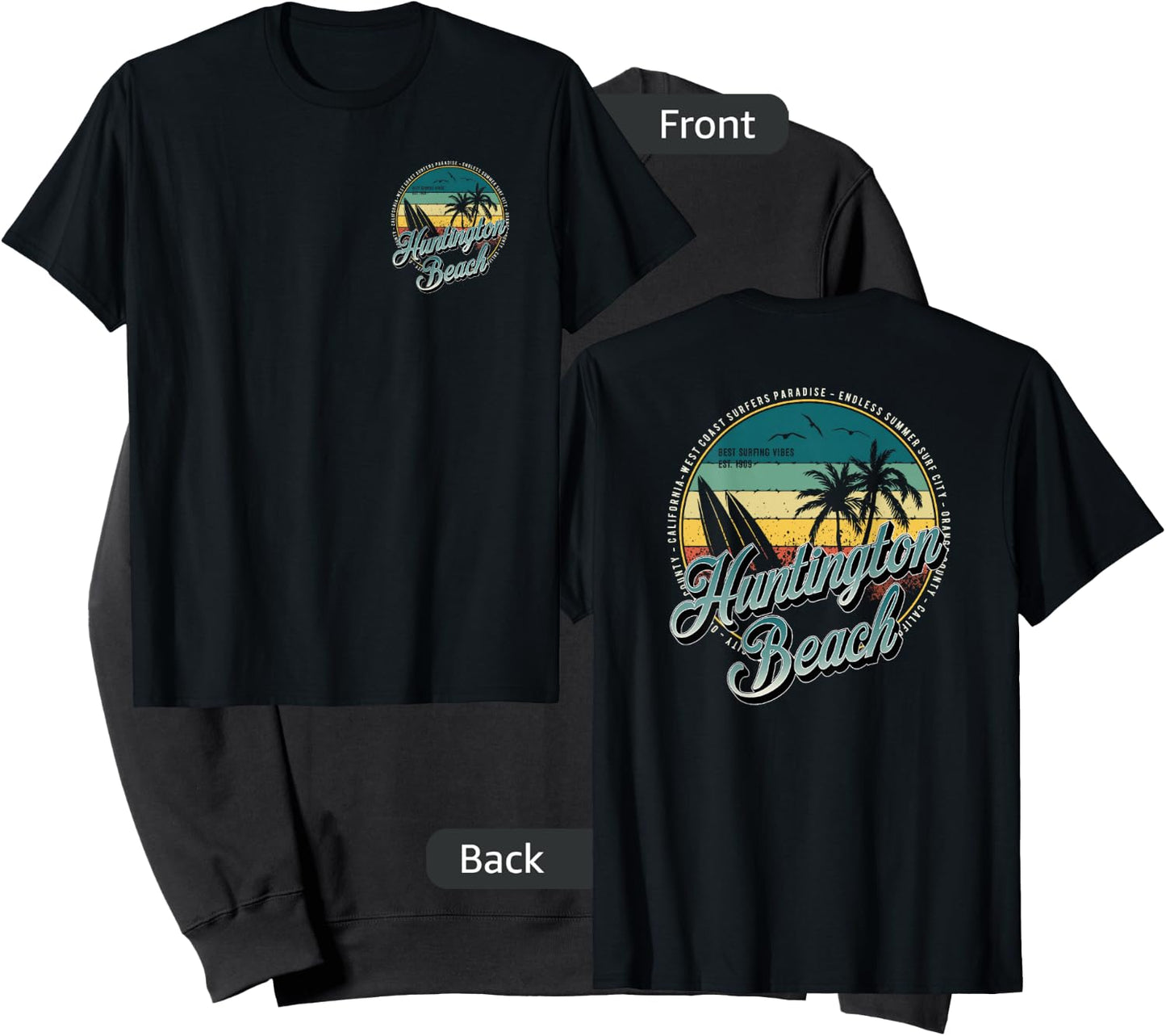 2 Sided Huntington Beach Surf City California Vintage Badge Sweatshirt - Sweatshirt | Black