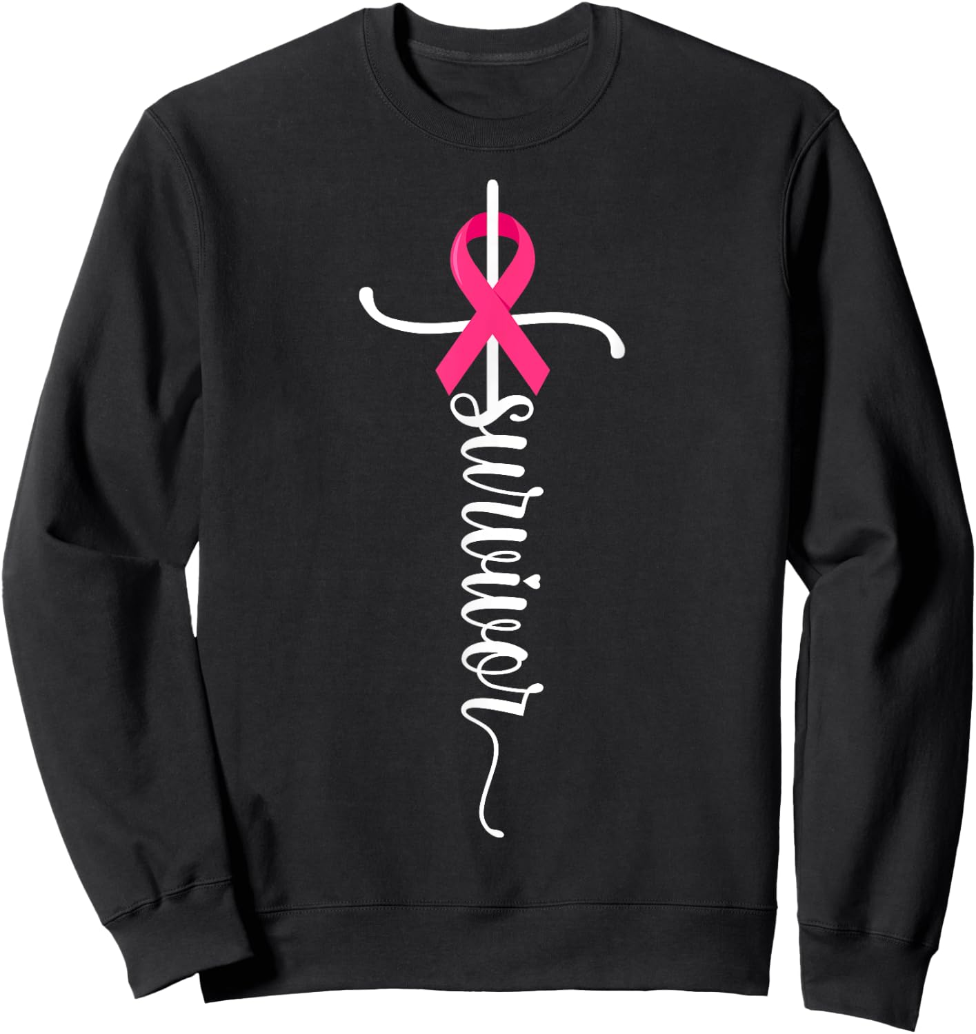 Survivor Christian Cross Warrior Pink Ribbon Breast Cancer Sweatshirt - Sweatshirt | Black