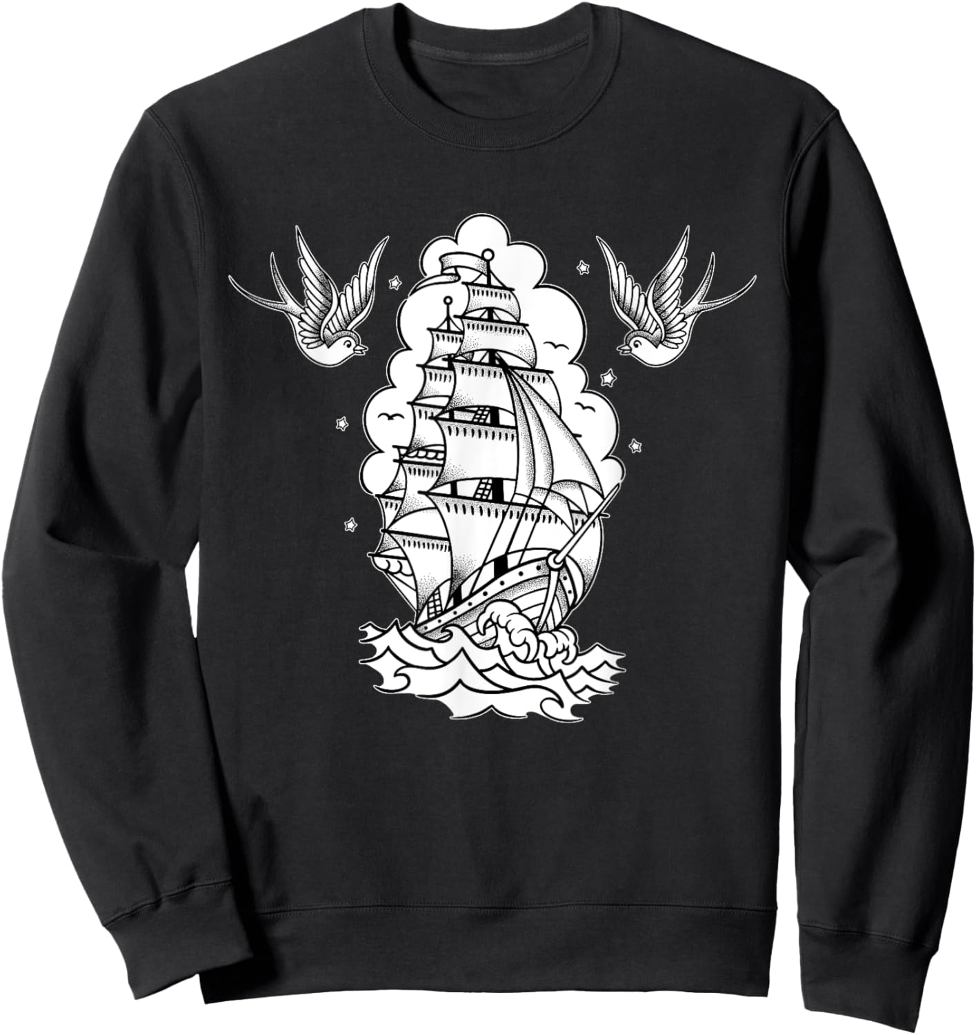 Old School Sailor Tattoo Clipper Ship and Swallows Sweatshirt - Sweatshirt | Black