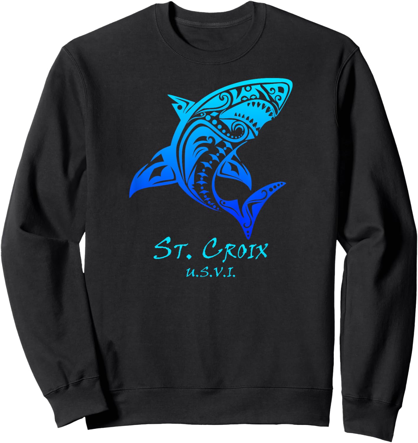 St. Croix, USVI Vintage Retro Tribal Shark Vacation Sweatshirt - Sweatshirt | Black