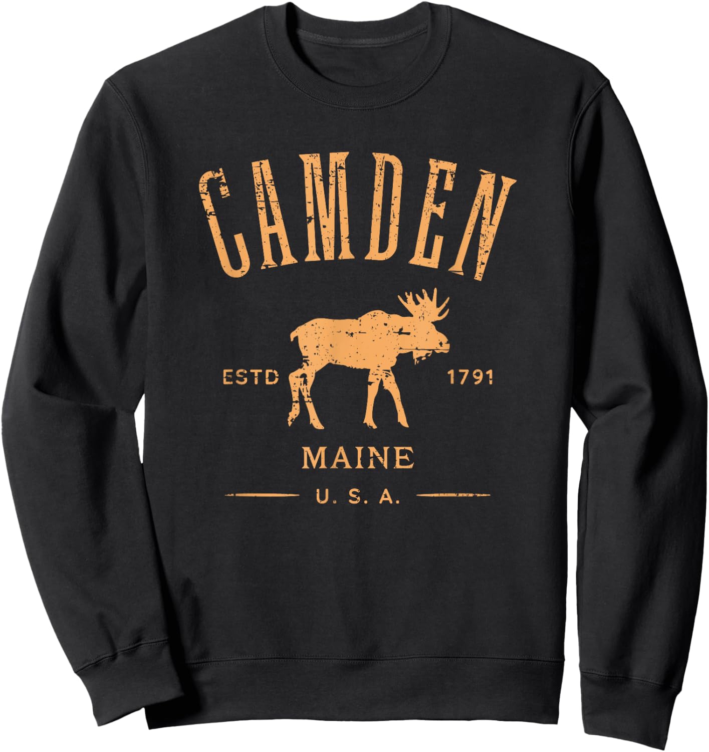 Camden Maine USA with Moose Distressed Design Souvenir Sweatshirt - Sweatshirt | Black