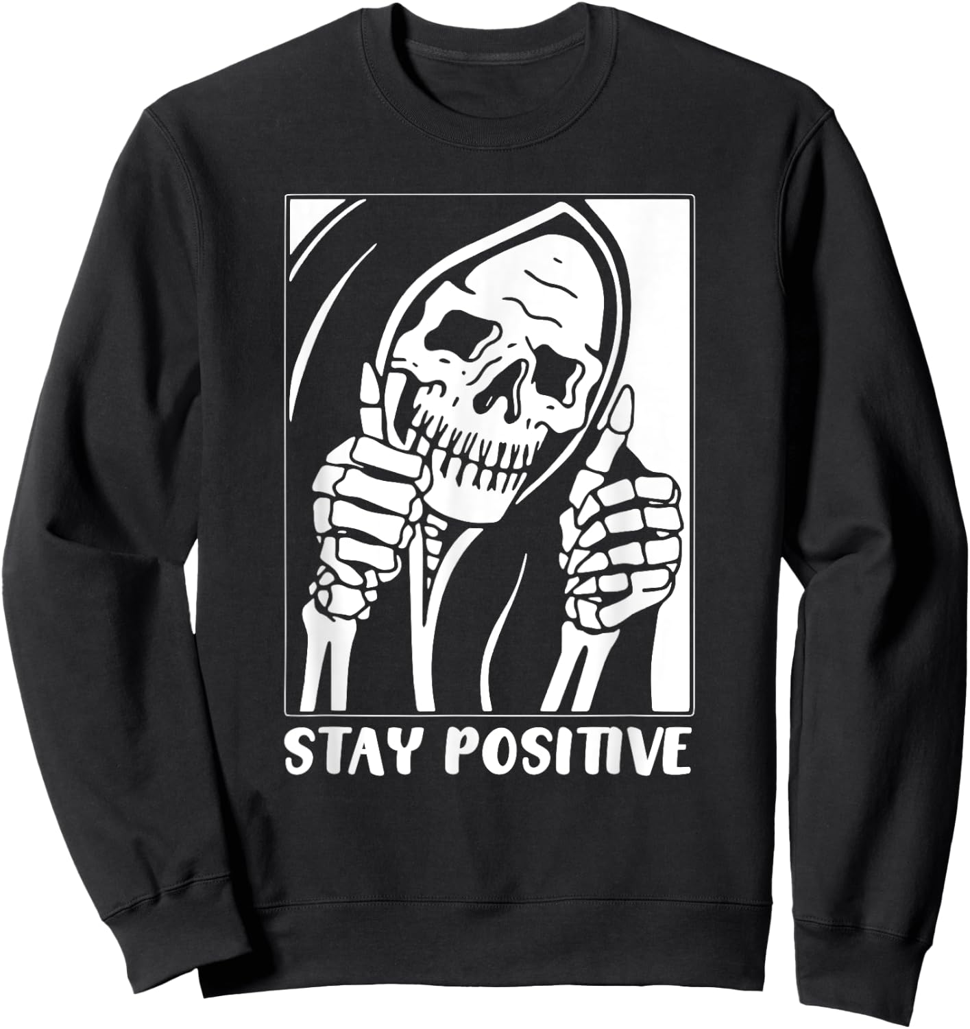 Death Stay Positive Skeleton Thumbs Up. White Graphic Sweatshirt - Sweatshirt | Black