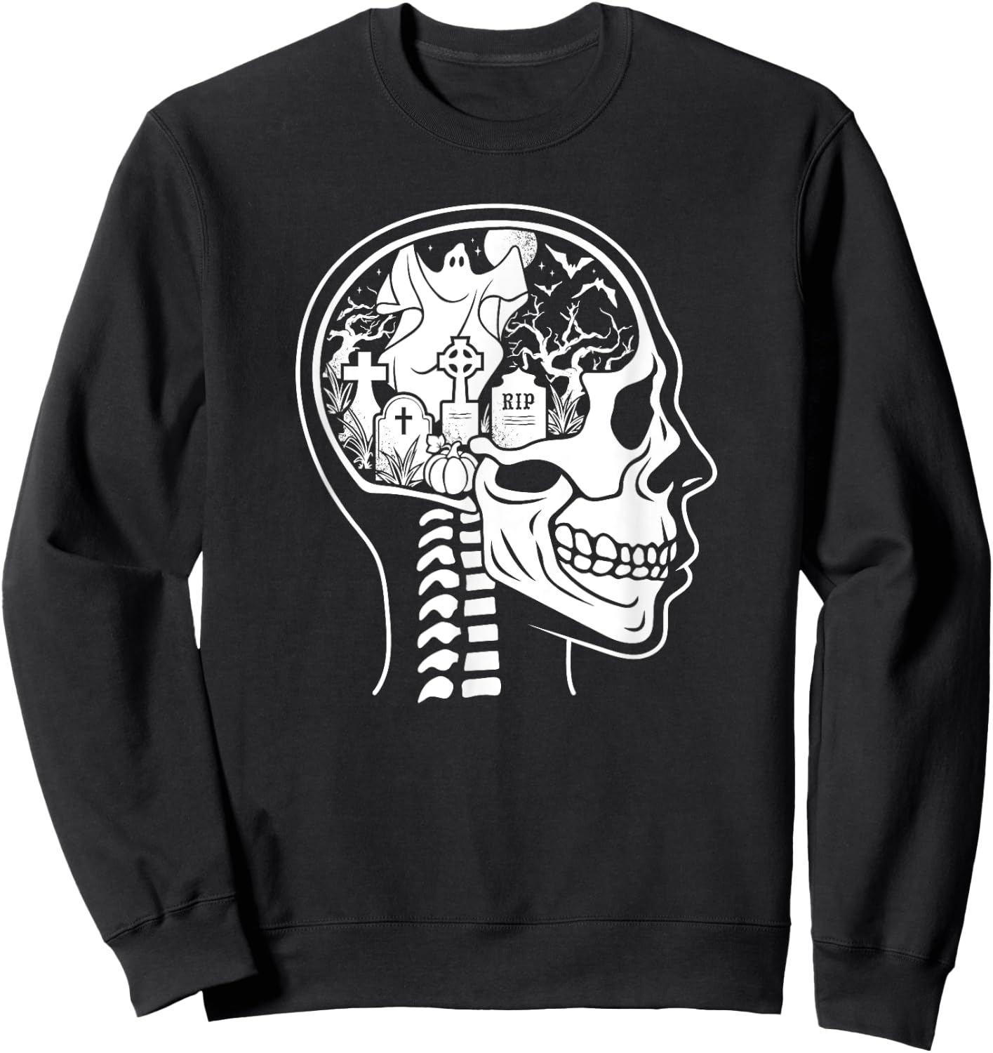Thinking About Halloween All The Time Ghost Graveyard Skull Sweatshirt - Sweatshirt | Black