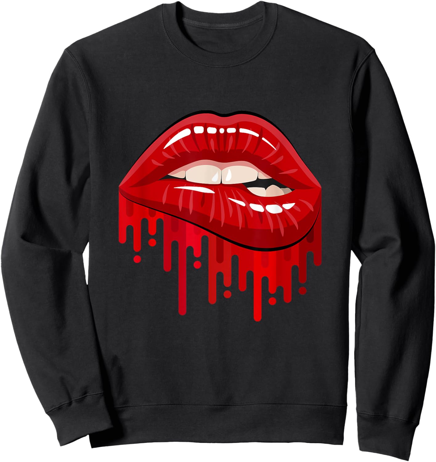 Cool Men's Women's Bold Red Biting Lips Graphic Short Sleeve Sweatshirt - Sweatshirt | Black