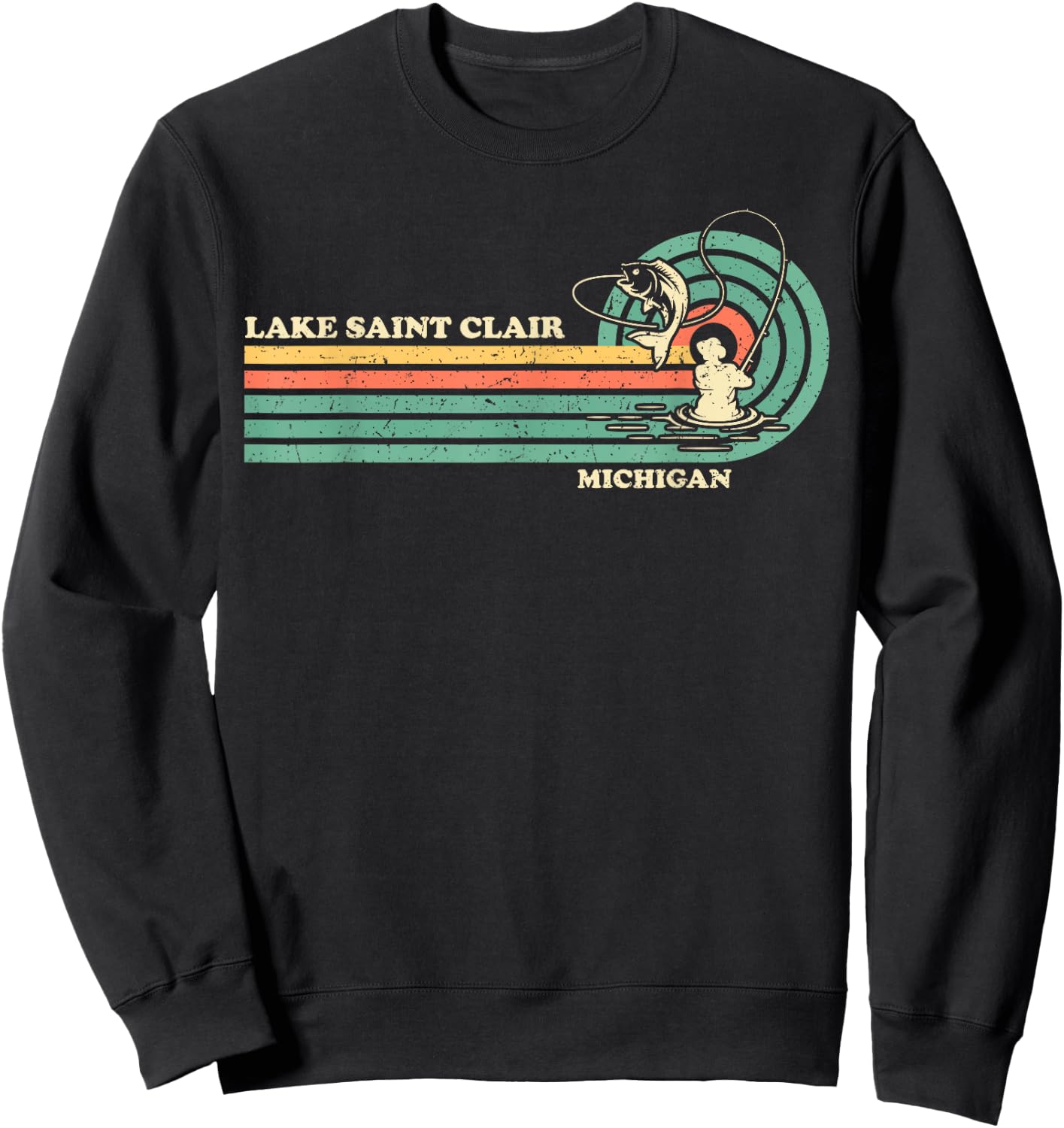 Vintage Retro Summer Fishing Michigan Saint Clair Lake Sweatshirt - Sweatshirt | Black