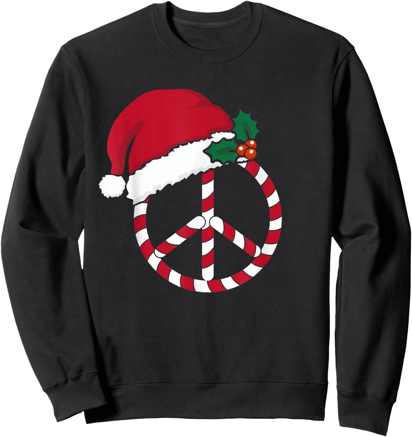 Candy Cane Peace Sign Merry Christmas Symbol Santa Hat Cute Sweatshirt - Sweatshirt | Black