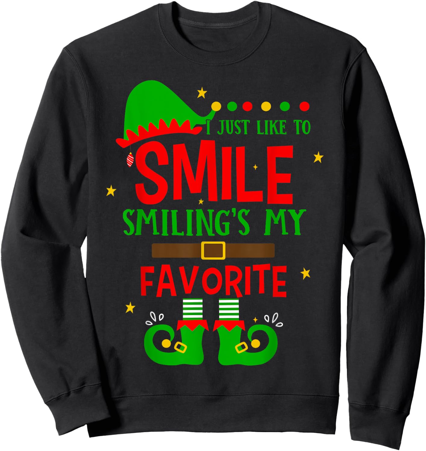 Smiling Is My Favorite Cute Christmas Elf Matching Family Sweatshirt - Sweatshirt | Black