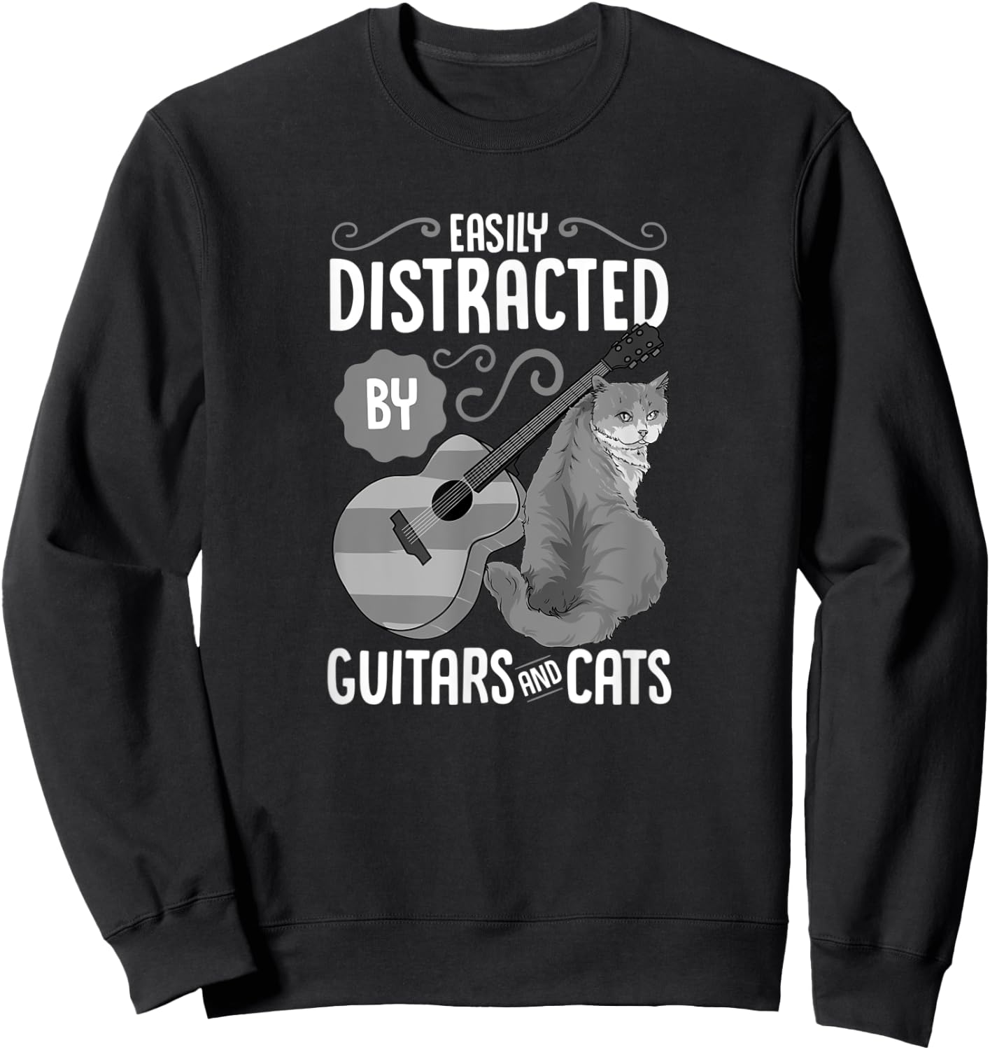 Easily Distracted by Guitars and Cats - Cat & Guitar Lover Sweatshirt - Sweatshirt | Black