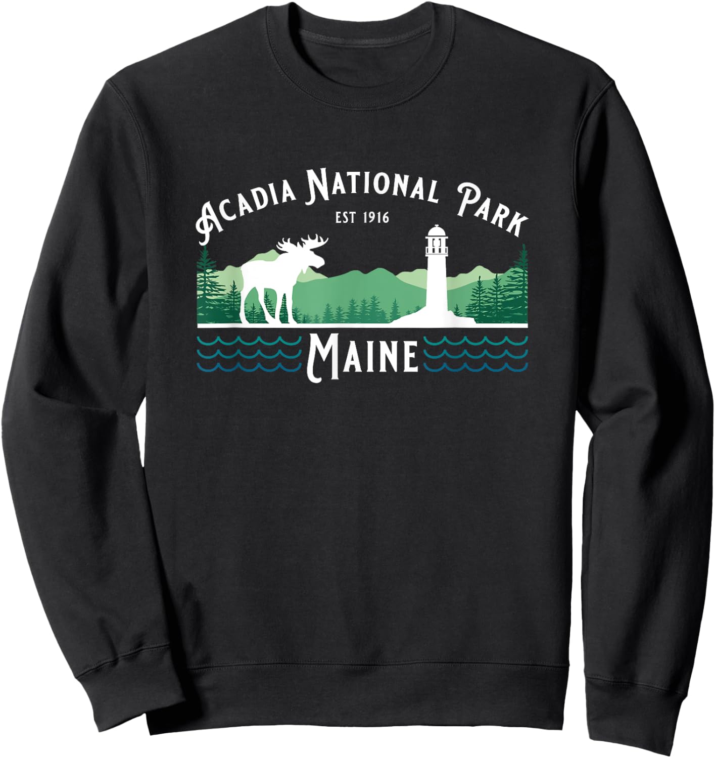 Acadia National Park Maine USA Lighthouse Moose Fishing Sweatshirt - Sweatshirt | Black