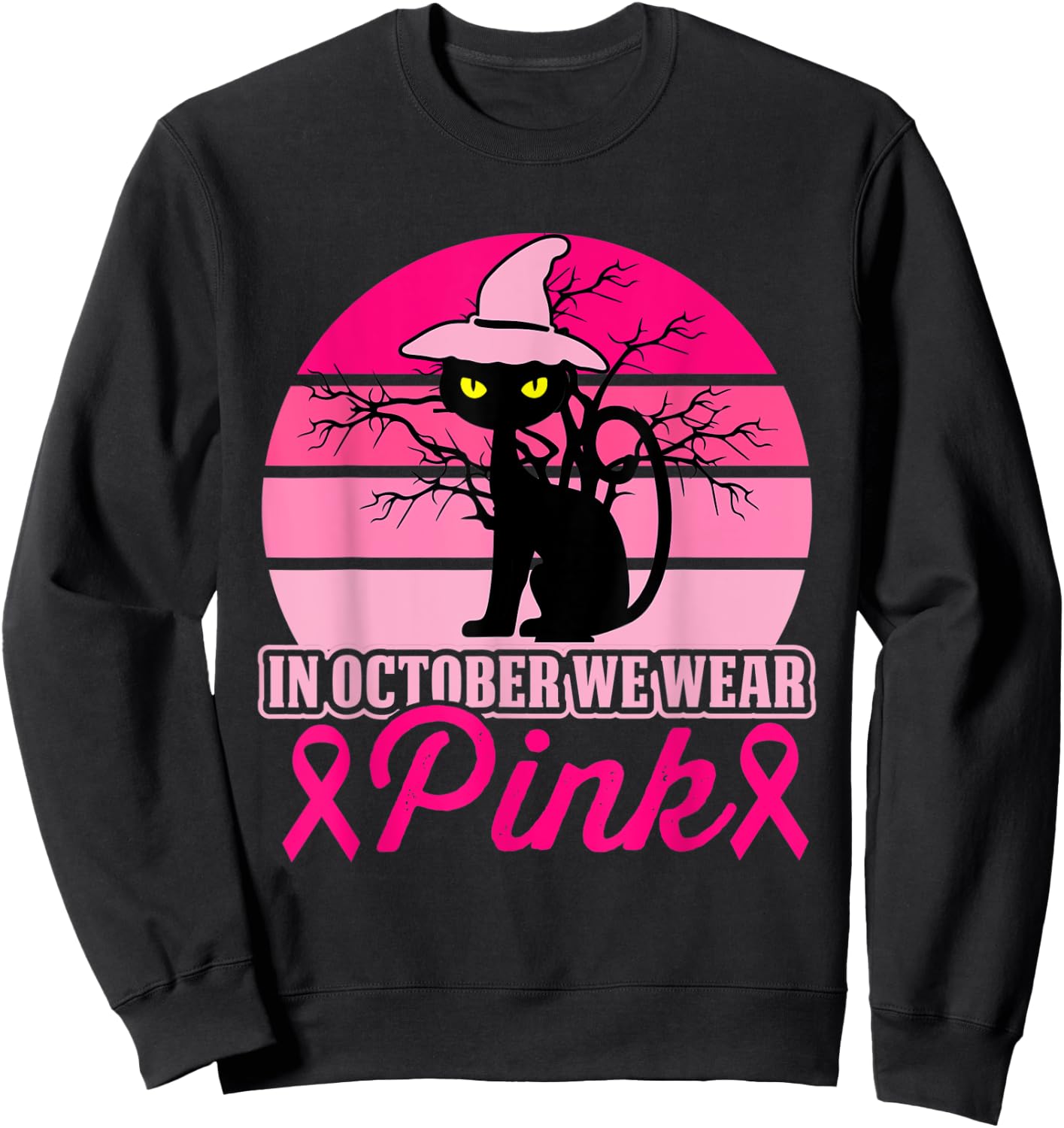 In October We Wear Pink Cat Breast Cancer Halloween Sweatshirt - Sweatshirt | Black