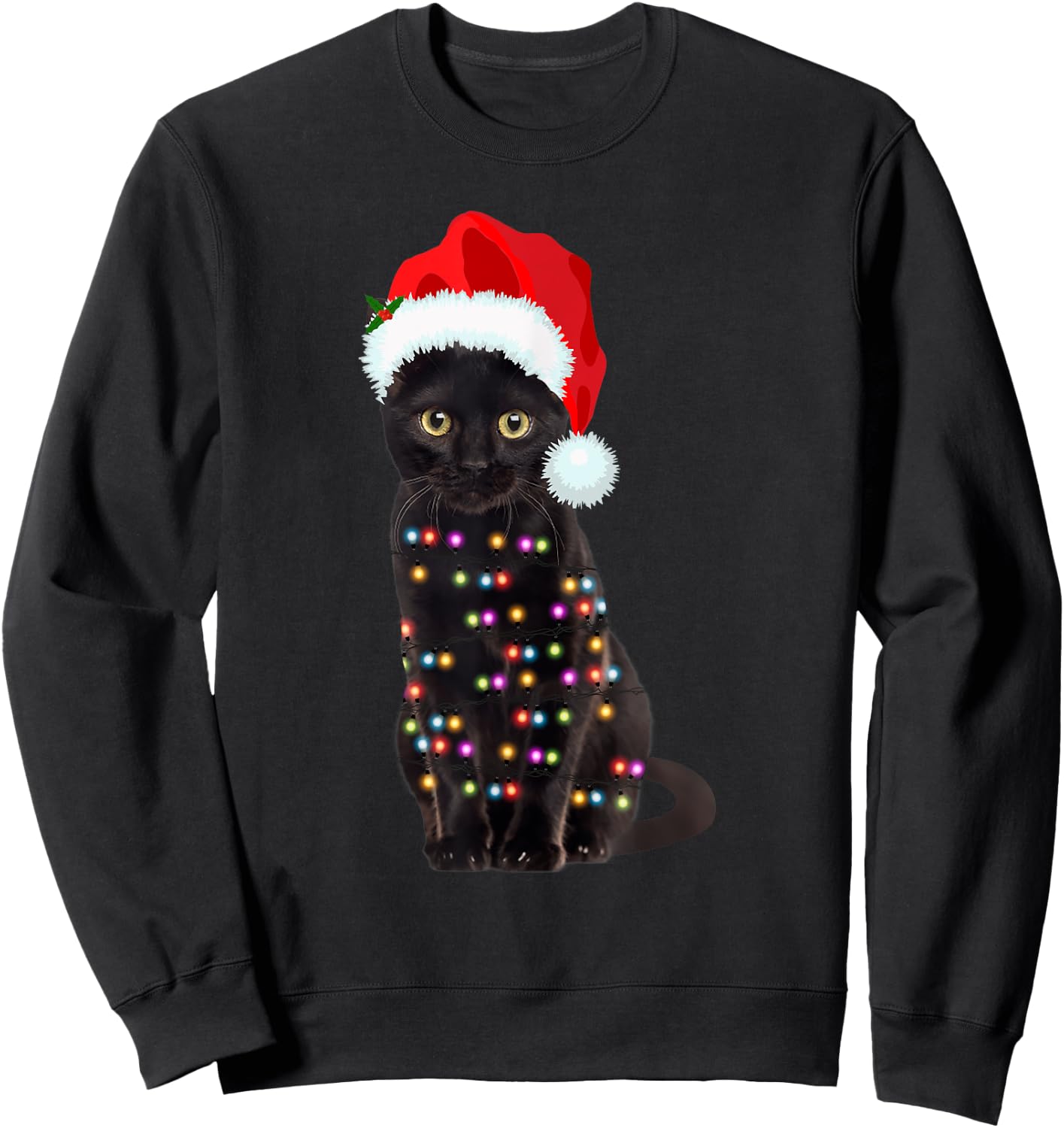 Black Cat Christmas lights Cat Lover Christmas Sweatshirt - Sweatshirt | Black