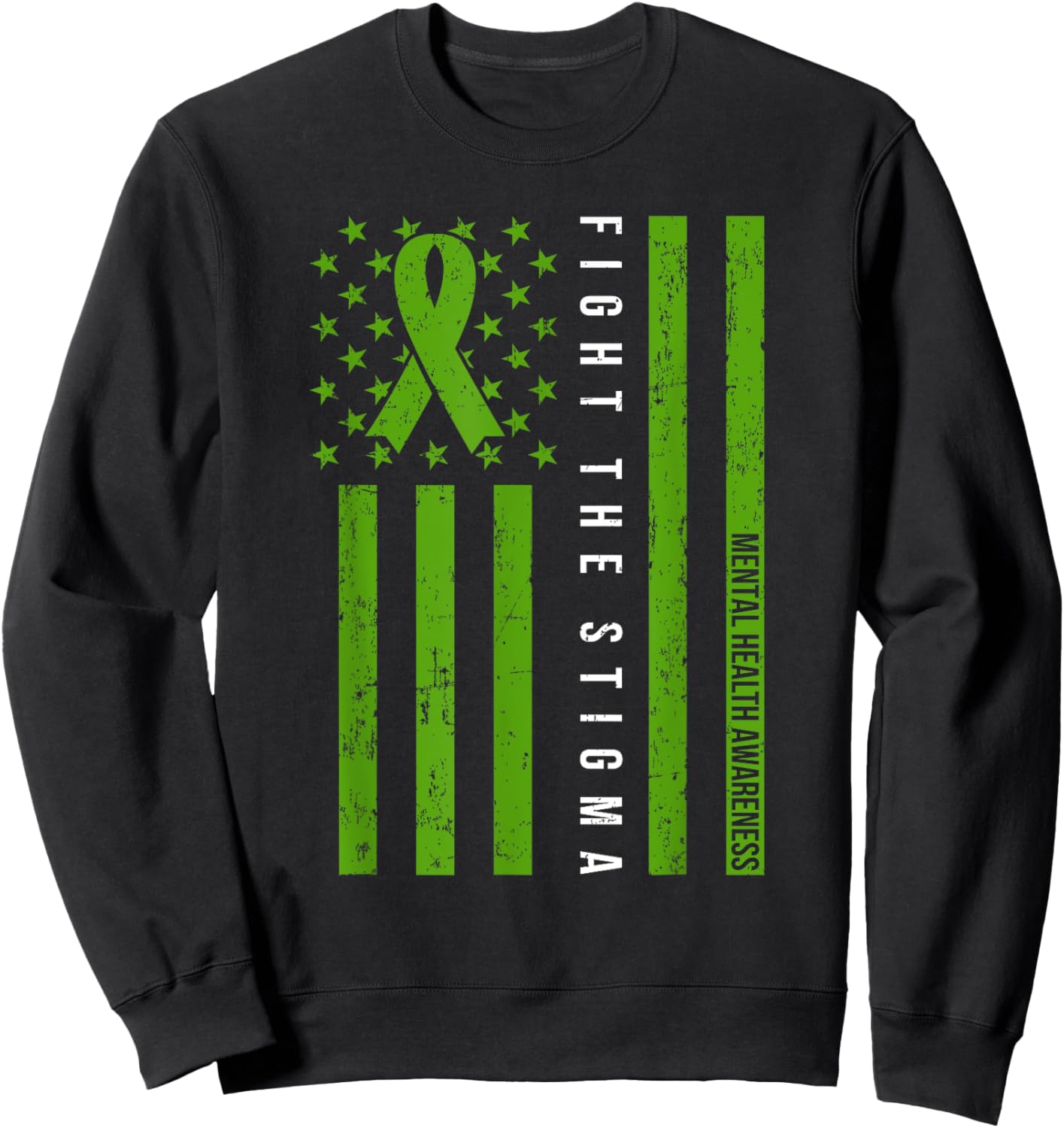 Mental Health Awareness Shirt Green Ribbon Support USA Flag Sweatshirt - Sweatshirt | Black