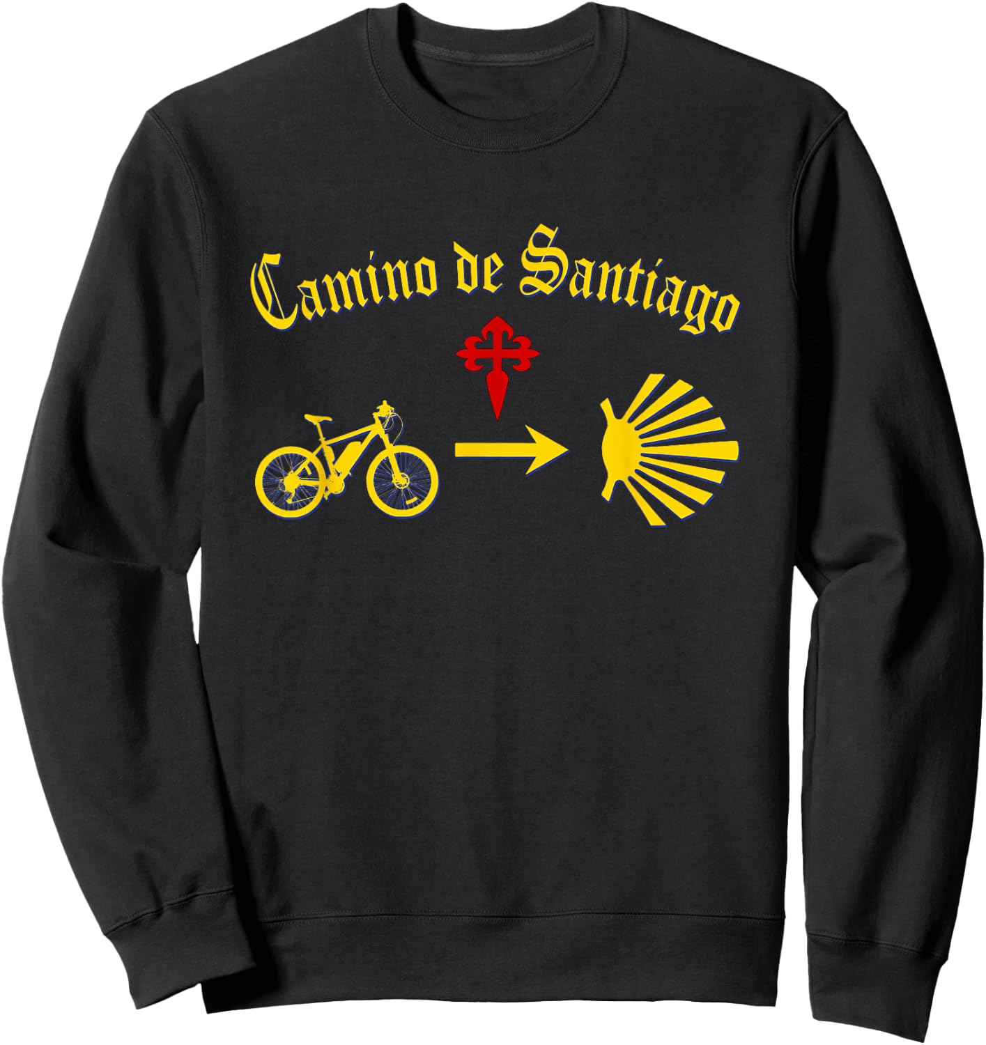 Camino de Santiago Mountain Bike Yellow Arrow Scallop Cross Sweatshirt - Sweatshirt | Black