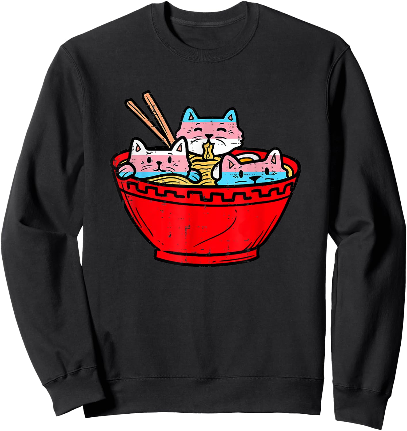 Ramen Cats Transgender Trans Pride Flag Japanese Noodle Food Sweatshirt - Sweatshirt | Black