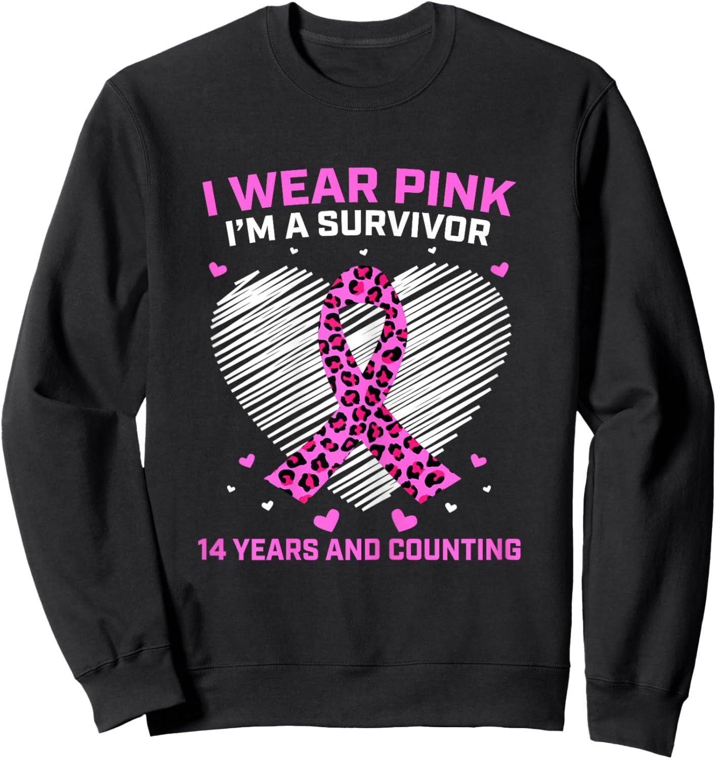 14 Years Breast Cancer Survivor Pink Cheetah Print Awareness Sweatshirt - Sweatshirt | Black