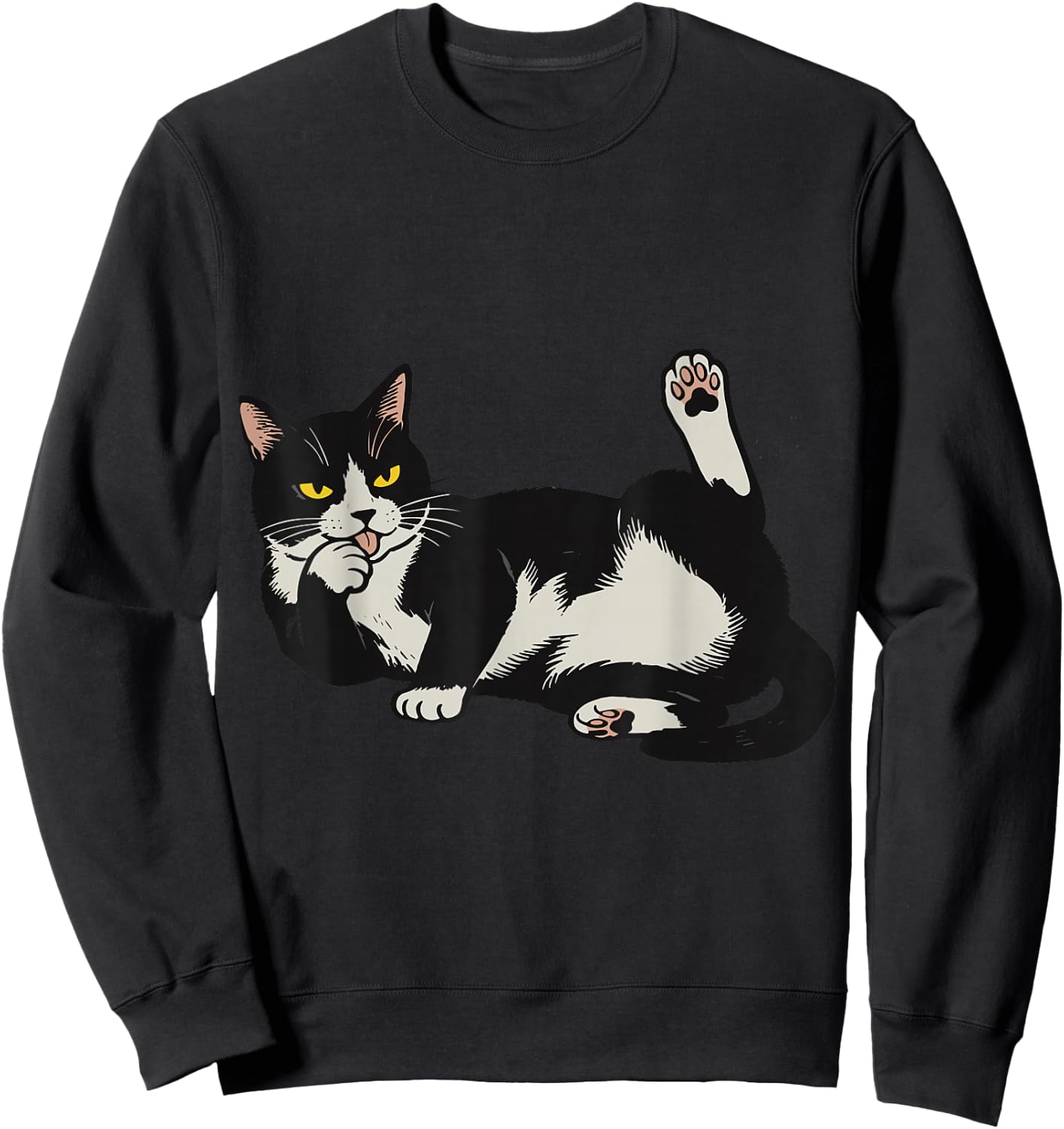 Funny Tuxedo Cat Licking Paw Cute Lazy Feline Graphic Sweatshirt - Sweatshirt | Black
