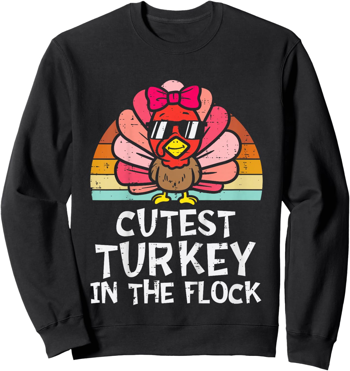 Cutest Turkey In The Flock Retro Toddler Girls Thanksgiving Sweatshirt - Sweatshirt | Black