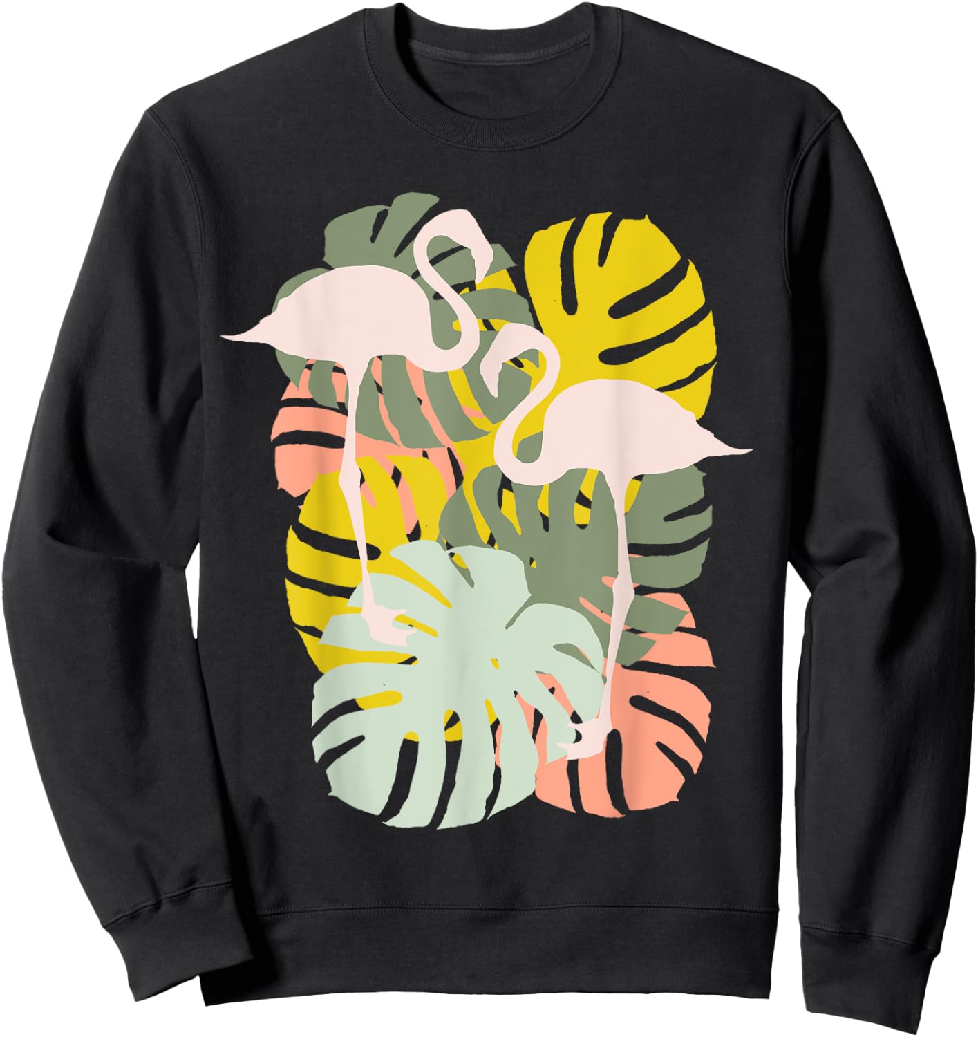 Monstera Leaves And Flamingo Art Sweatshirt - Sweatshirt | Black