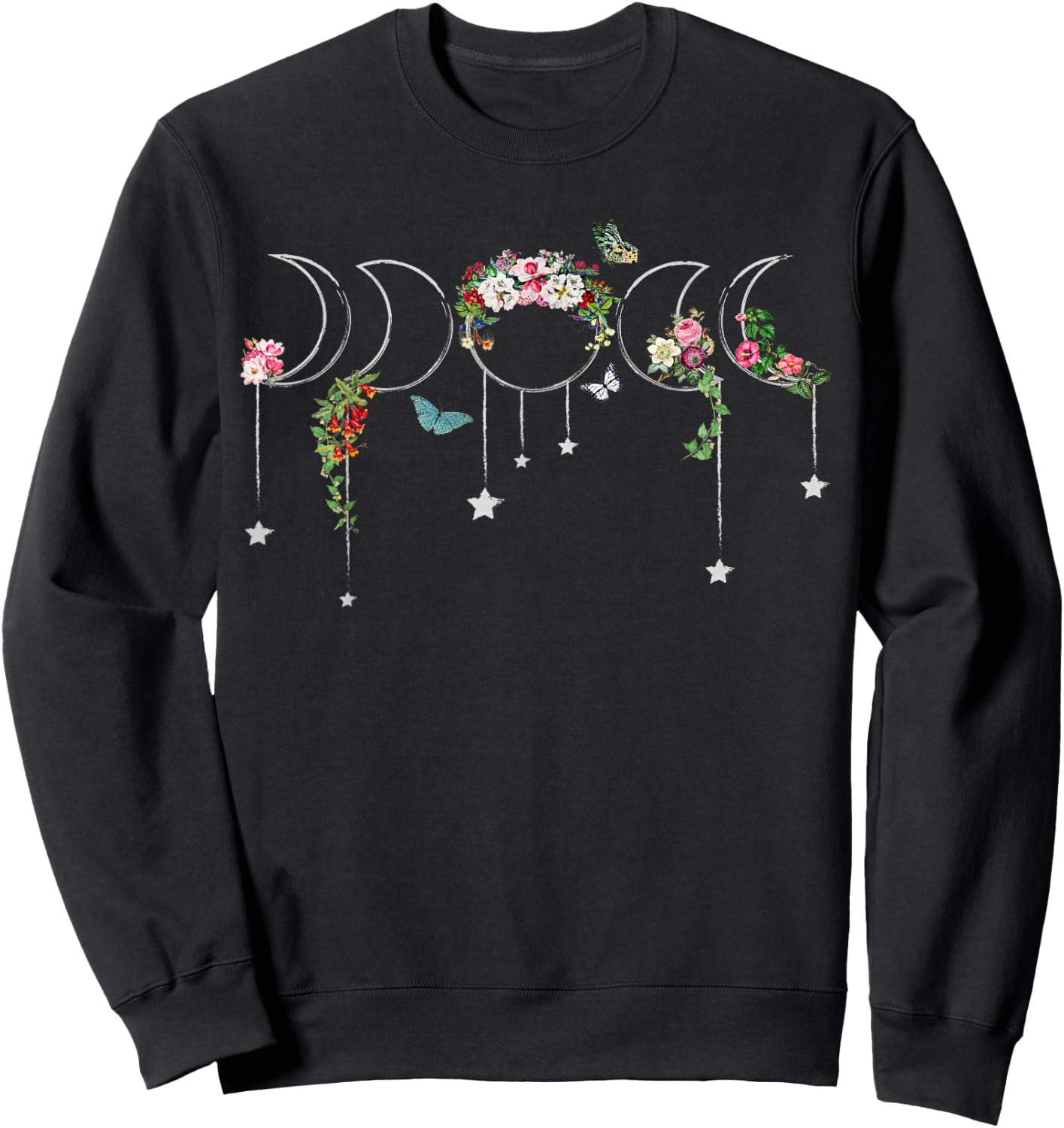 Witchcore Aesthetic Floral Moonphase and Butterflies Sweatshirt - Sweatshirt | Black