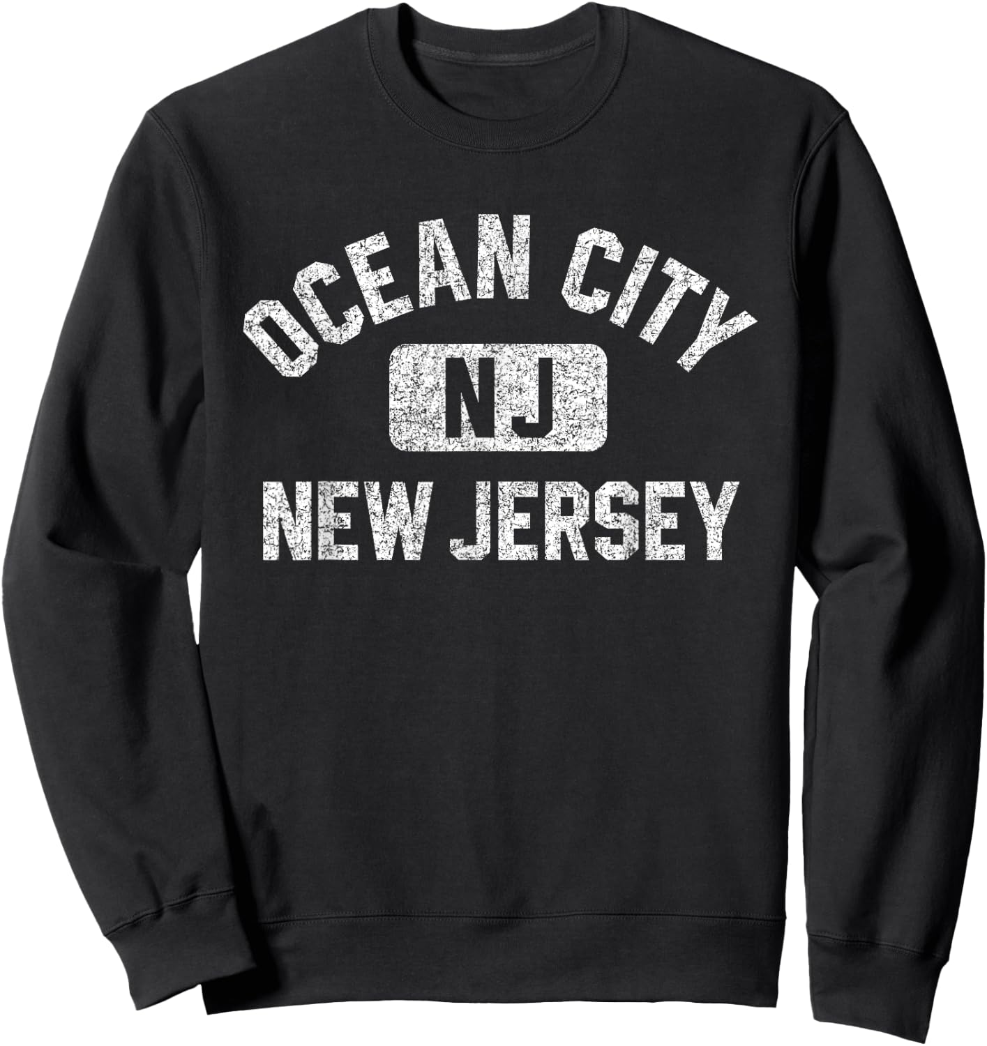 Ocean City New Jersey Gym Style Distressed White Print Sweatshirt - Sweatshirt | Black