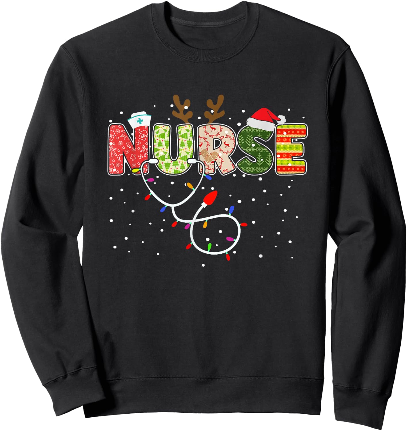 Stethoscope Santa Hat Reindeer Xmas Christmas Nurse Sweatshirt - Sweatshirt | Black