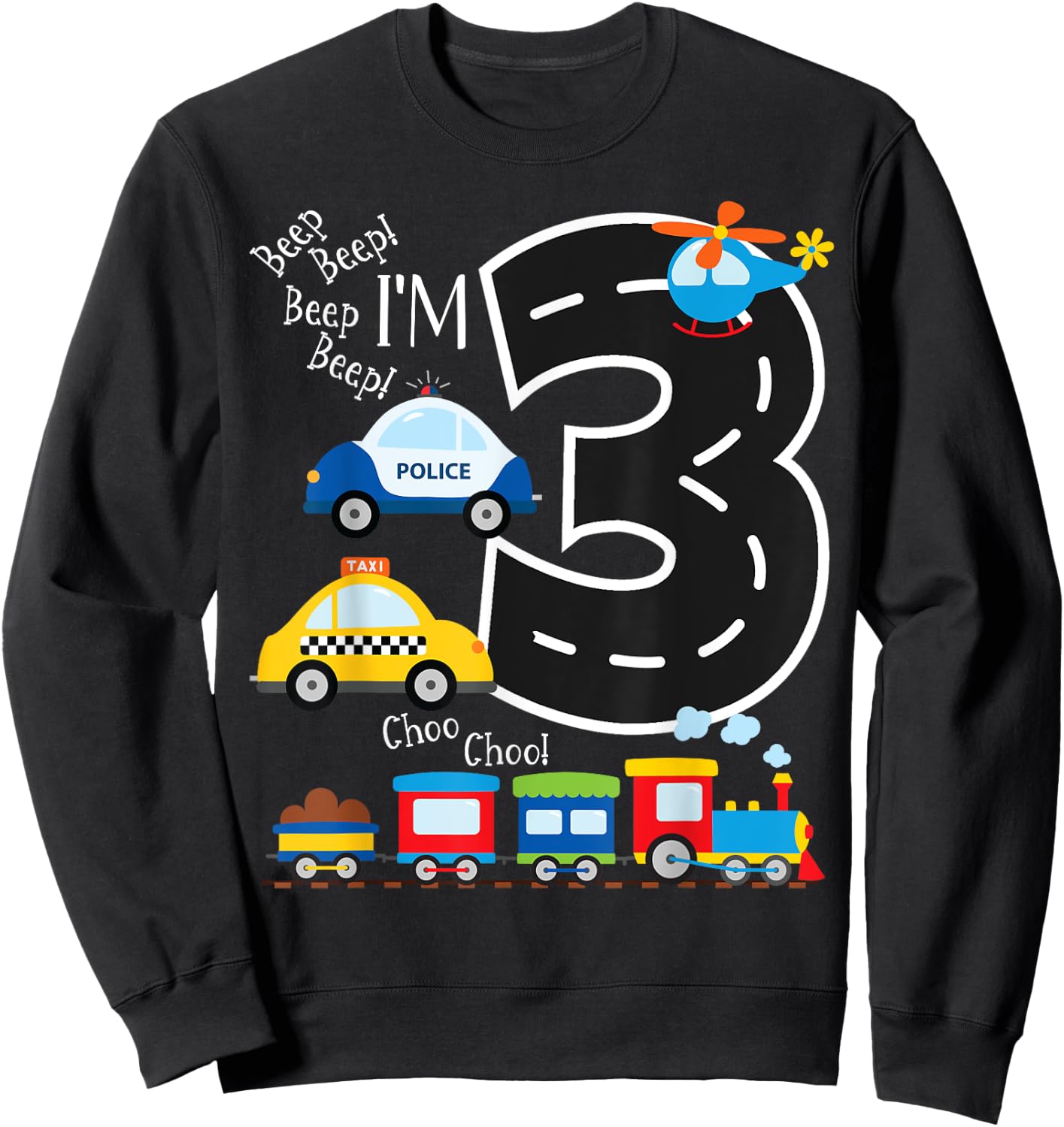 Kids Trucks Train 3rd Birthday Party Toddler 3 Year Old Bday Sweatshirt - Sweatshirt | Black