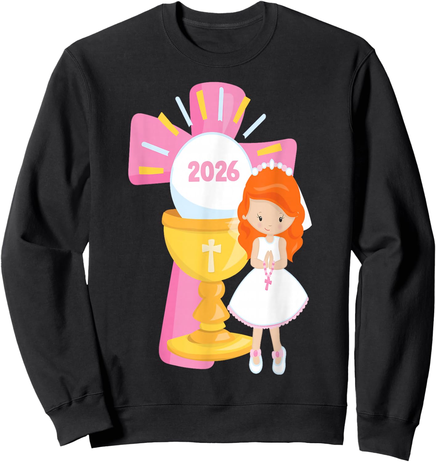 Redhead Girl First Communion 2026 Pink Cross Chalice Rosary Sweatshirt - Sweatshirt | Black