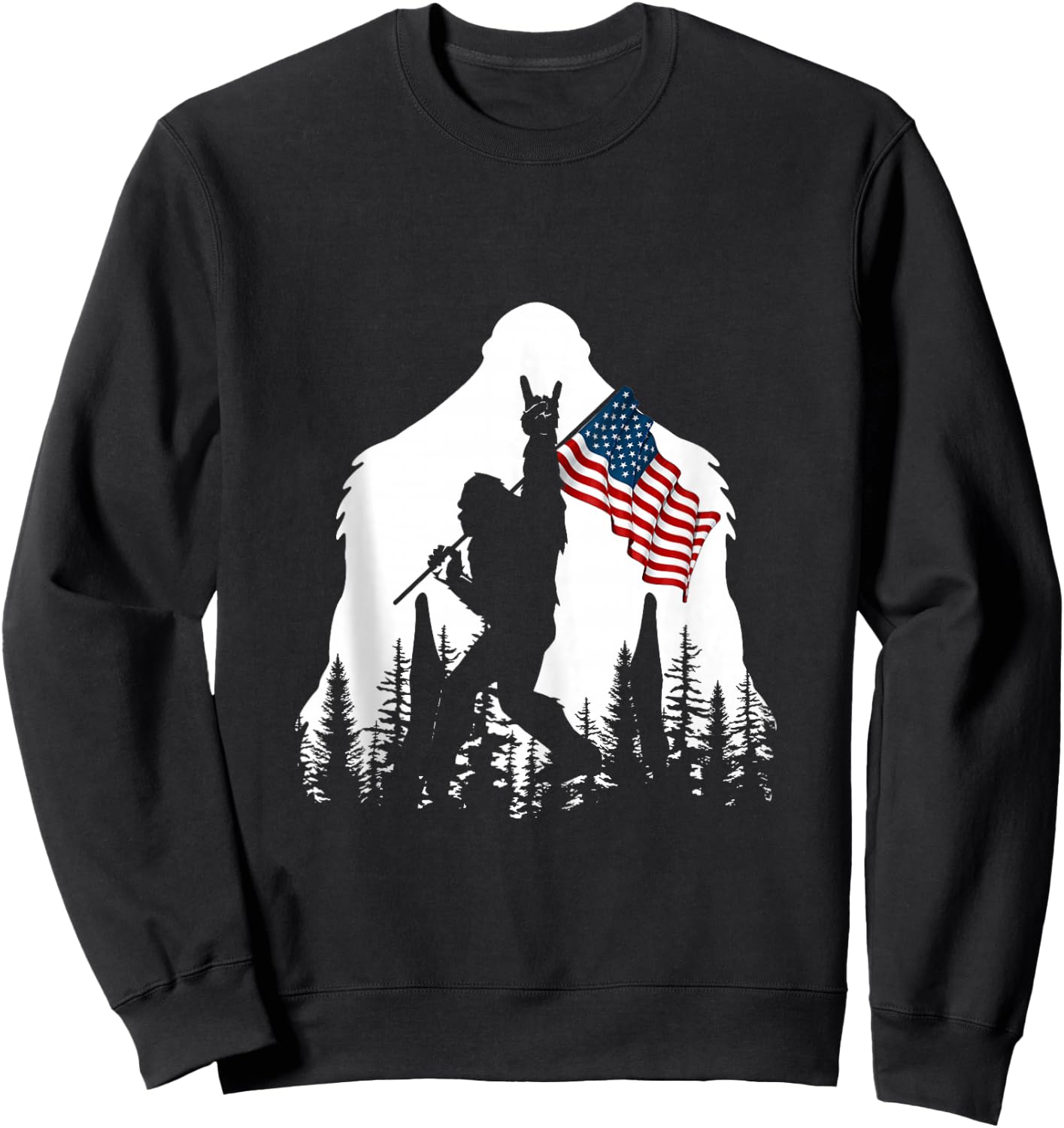 Bigfoot Rock On Hold American Flag Sasquatch Believers Sweatshirt - Sweatshirt | Black