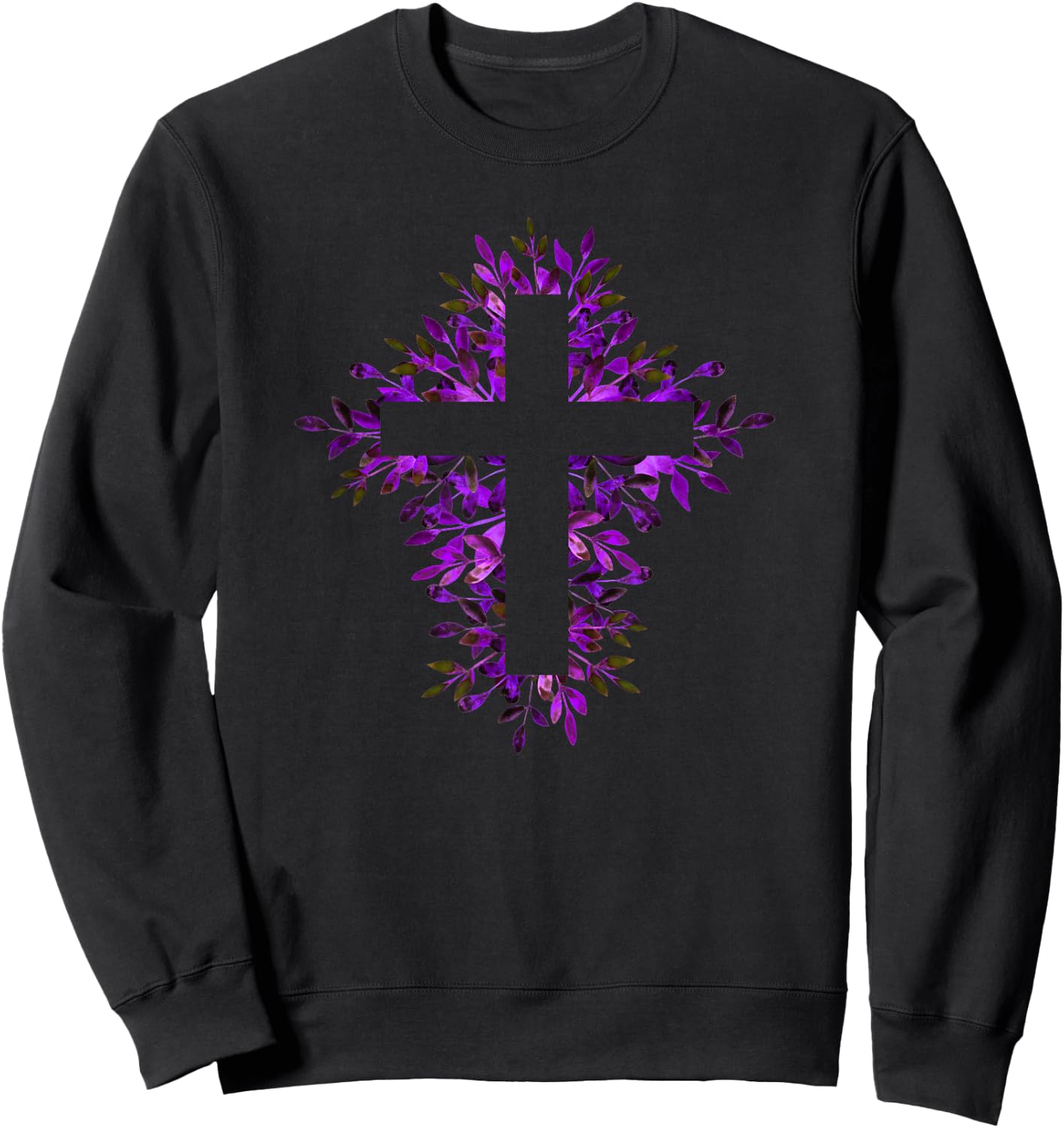 Purple Blue Floral Spring Fall Cross Christian Faith Lover Sweatshirt - Sweatshirt | Black