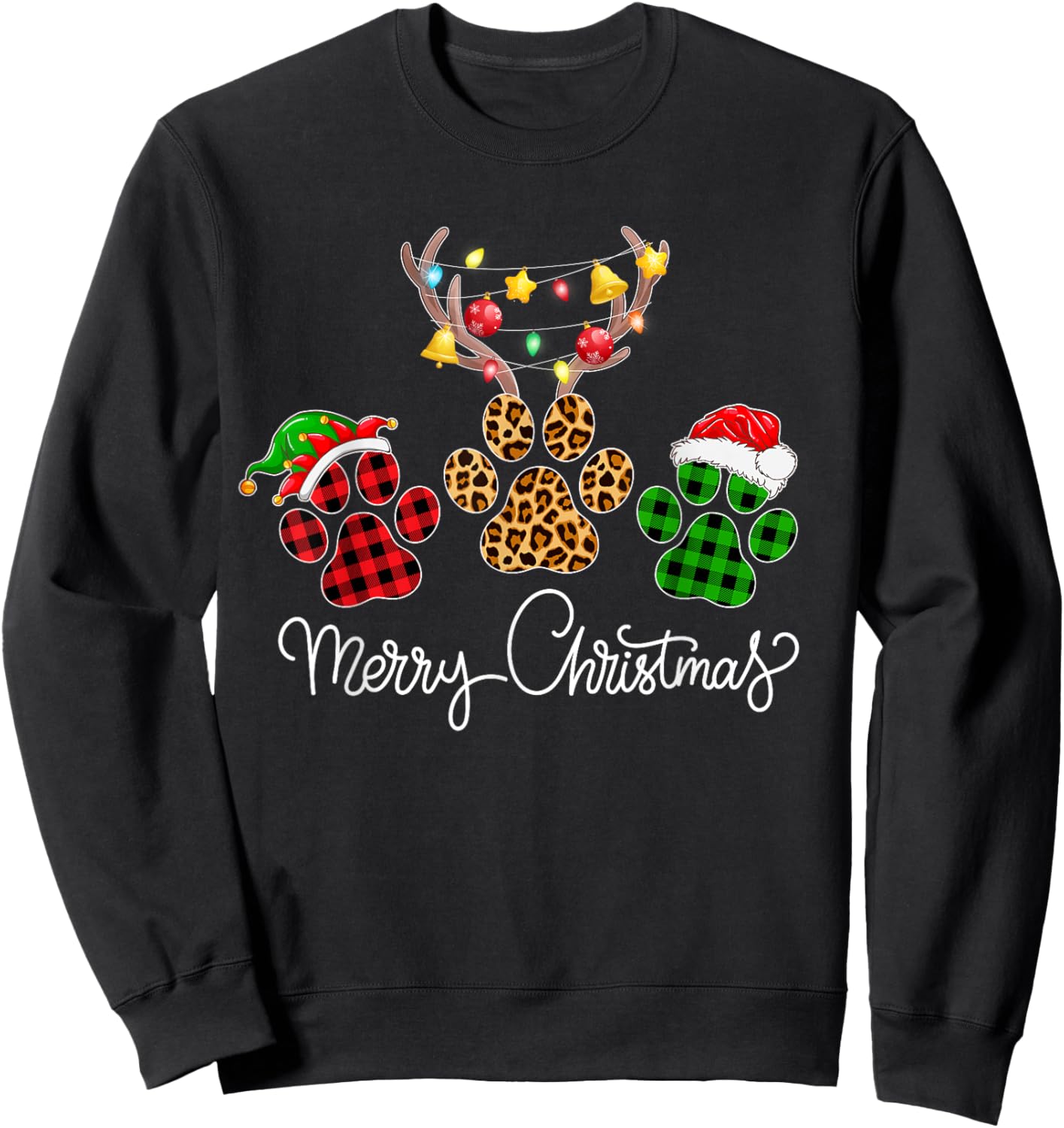 Merry Christmas Dog Paws Lights Buffalo Plaid & Leopard Xmas Men Women Kids Sweatshirt - Sweatshirt | Black