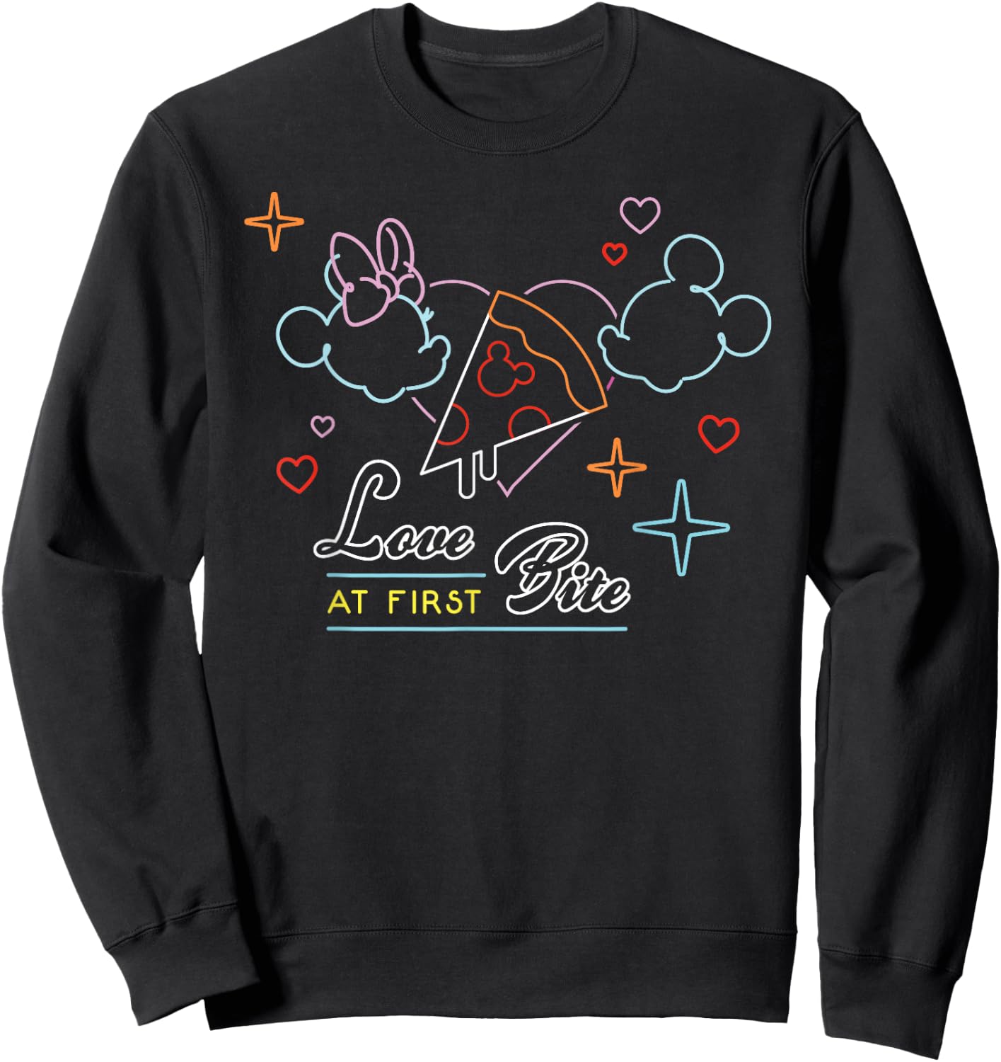 Disney Mickey and Minnie Mouse Neon Pizza Love At First Bite Sweatshirt - Sweatshirt | Black