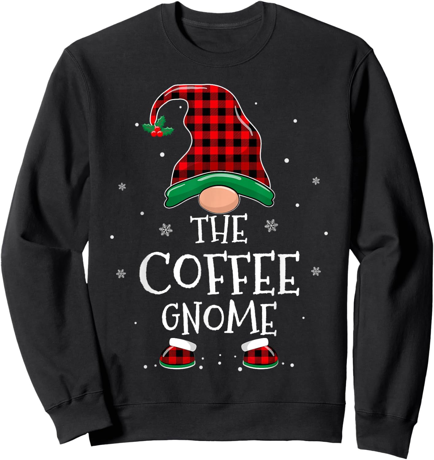 The Coffee Gnome Xmas Family Matching Plaid Christmas Gnomes Sweatshirt - Sweatshirt | Black