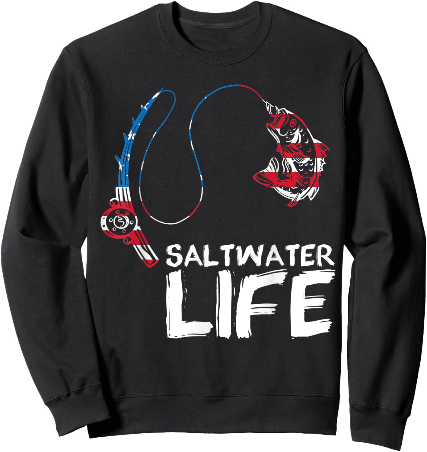 Saltwater Life US Flag Fishing Rod Bass Fishing Fish Catcher Sweatshirt - Sweatshirt | Black