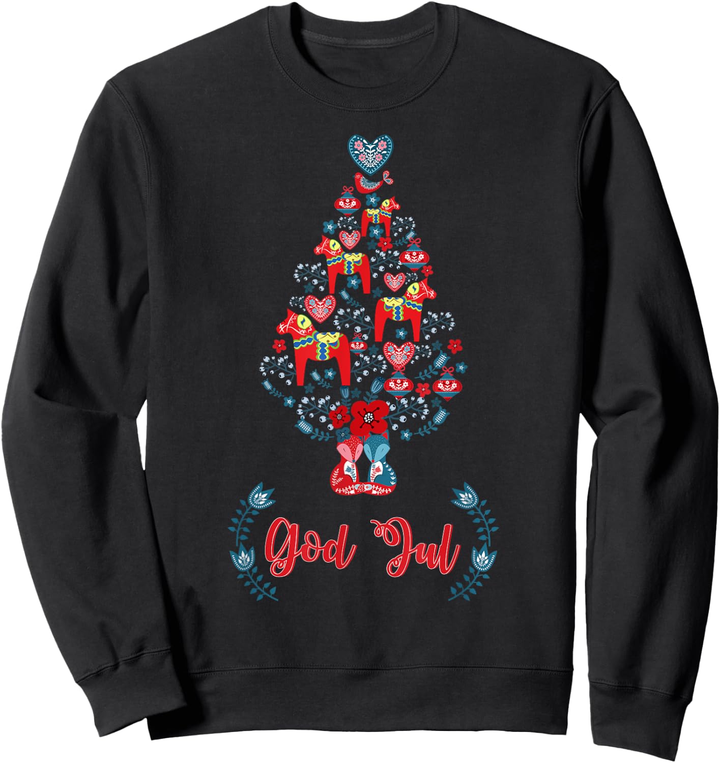 God Jul Red Swedish Dala Horse Christmas Tree Sweatshirt - Sweatshirt | Black