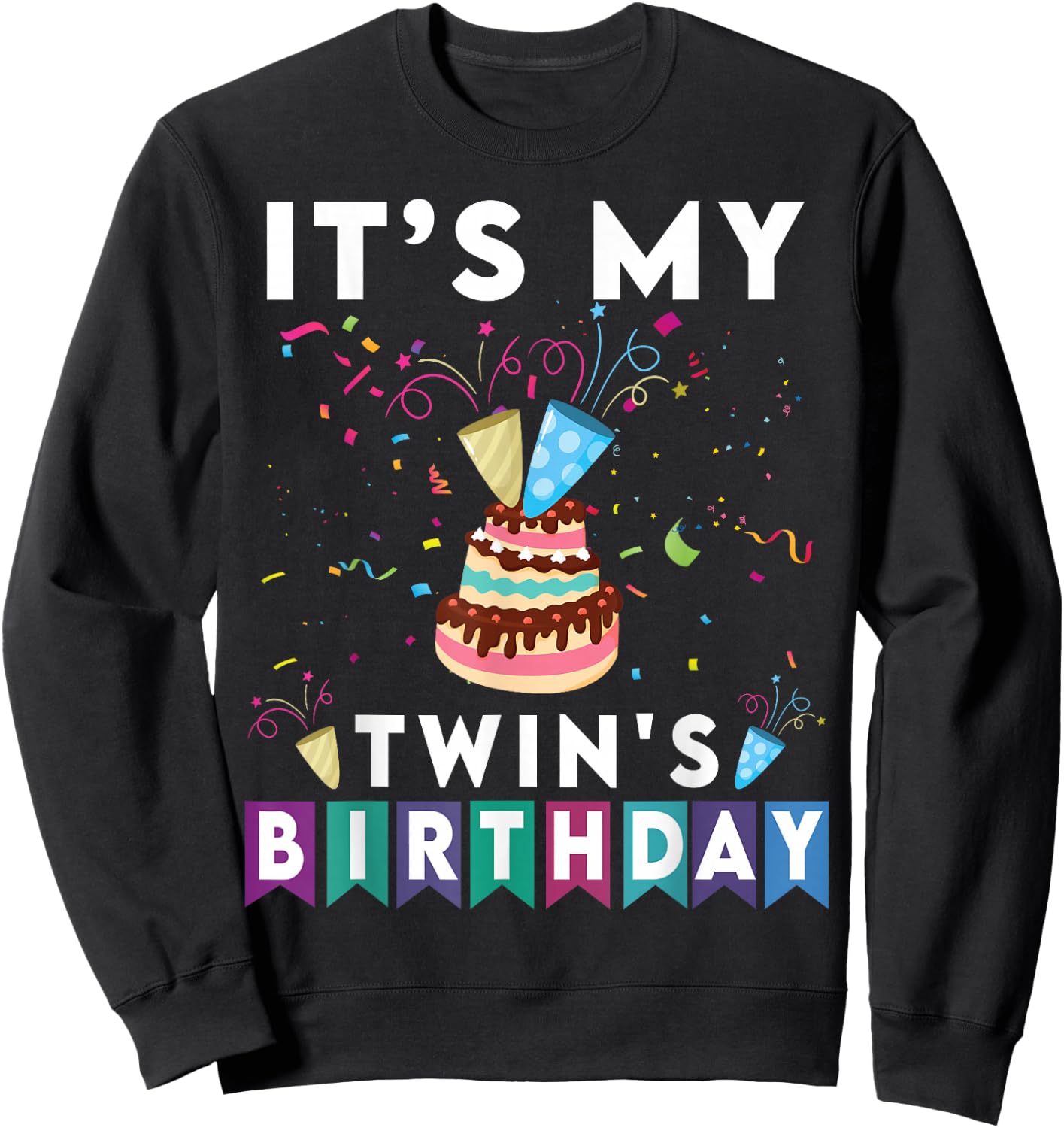 It's My Twin's Birthday Twins Matching Confetti Cake Sweatshirt - Sweatshirt | Black
