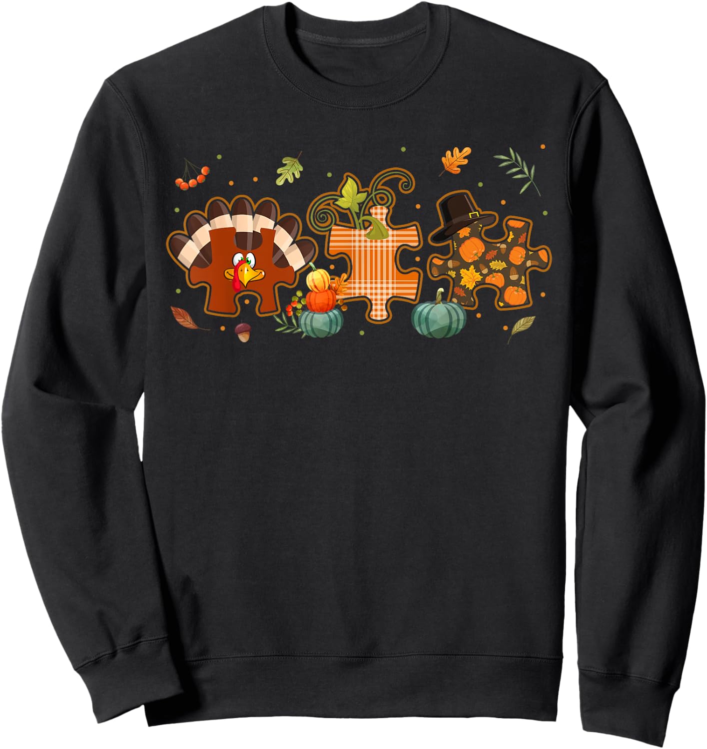 Cute Turkey Autism Awareness Puzzle Pumpkin Thanksgiving Day Sweatshirt - Sweatshirt | Black