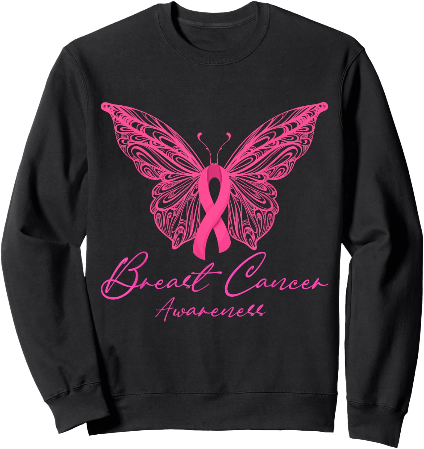 Breast Cancer Awareness Pink Butterfly Pink Ribbon Women Sweatshirt - Sweatshirt | Black