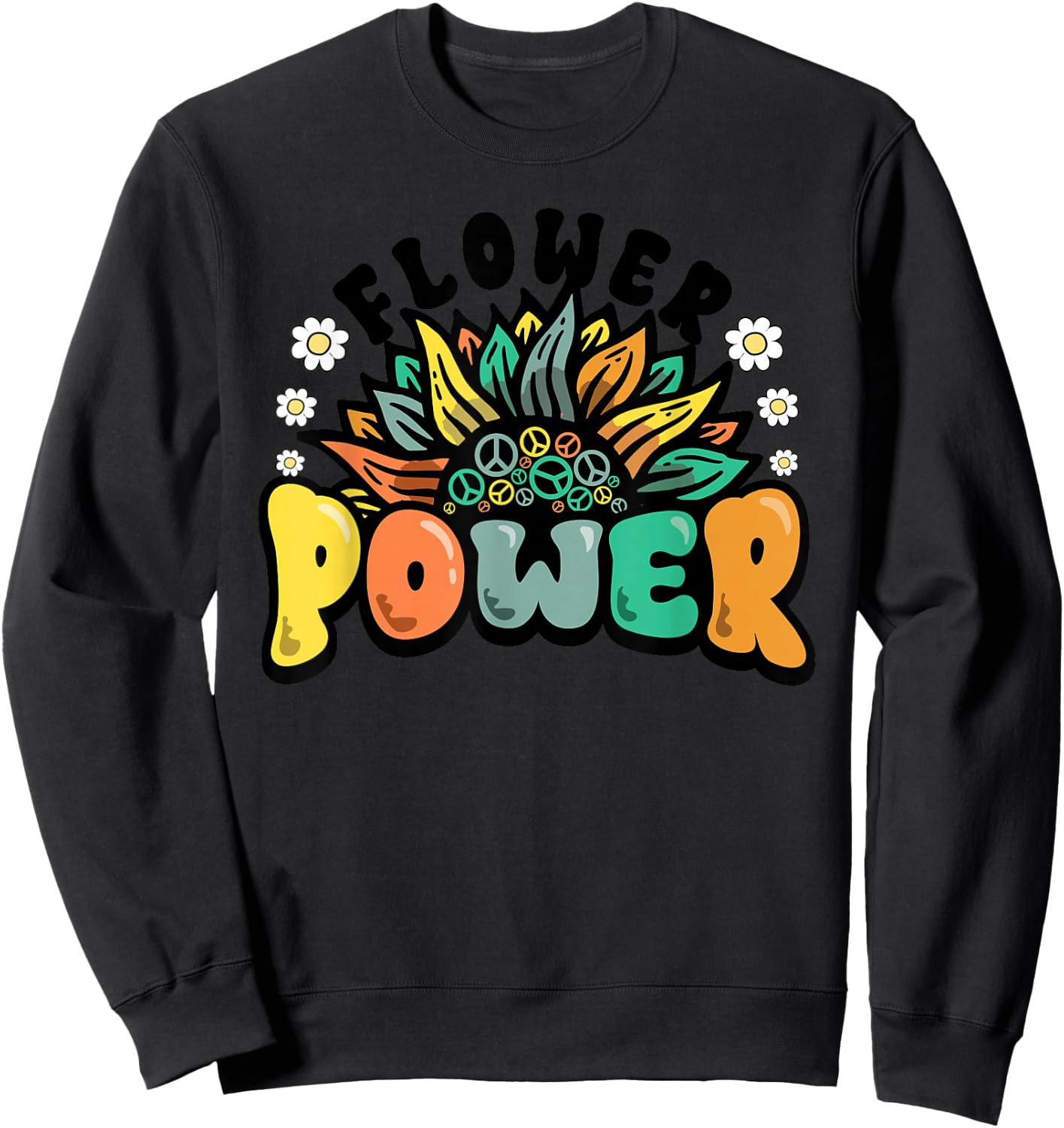 Flower Power Peace Symbol Sunflower Retro 60s 70s Sweatshirt - Sweatshirt | Black