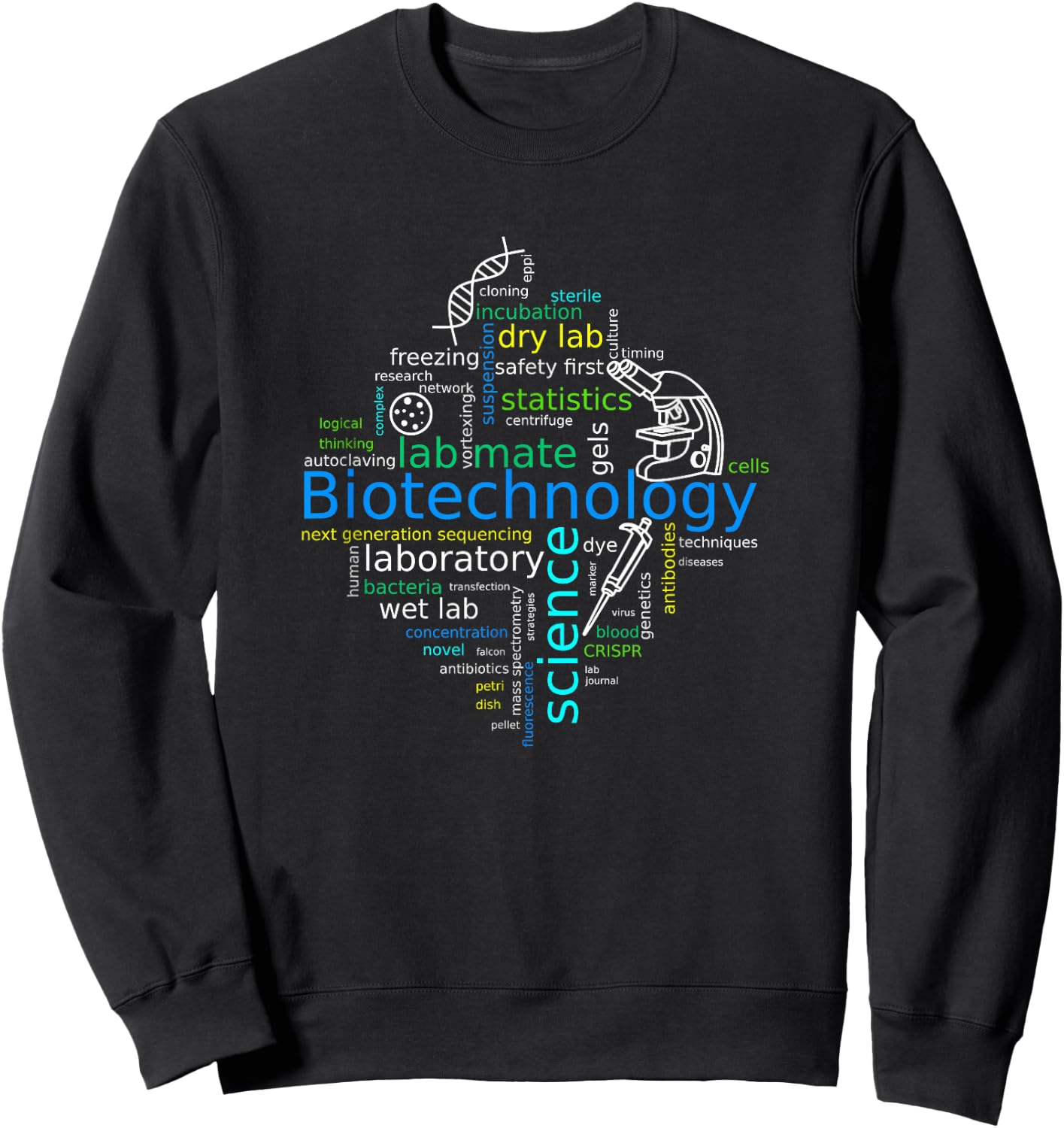 Word cloud biotech with microscope, pipette and dna Sweatshirt - Sweatshirt | Black