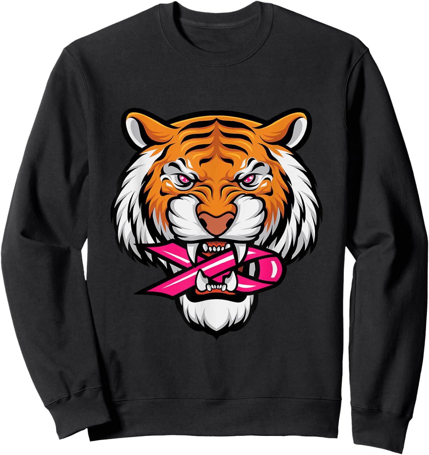 Tiger Pink Ribbon Breast Cancer Awareness Animal Warrior Sweatshirt - Sweatshirt | Black