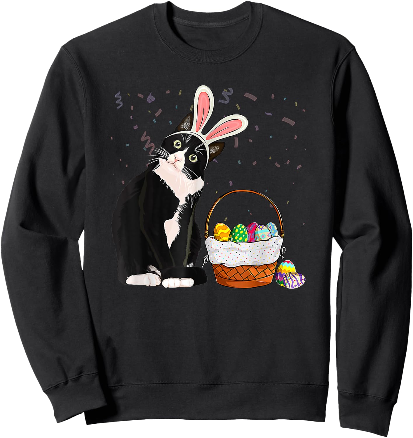 Easter Day Cat Bunny Ears Eggs Shirt Men Women Easter Rabbit Sweatshirt - Sweatshirt | Black