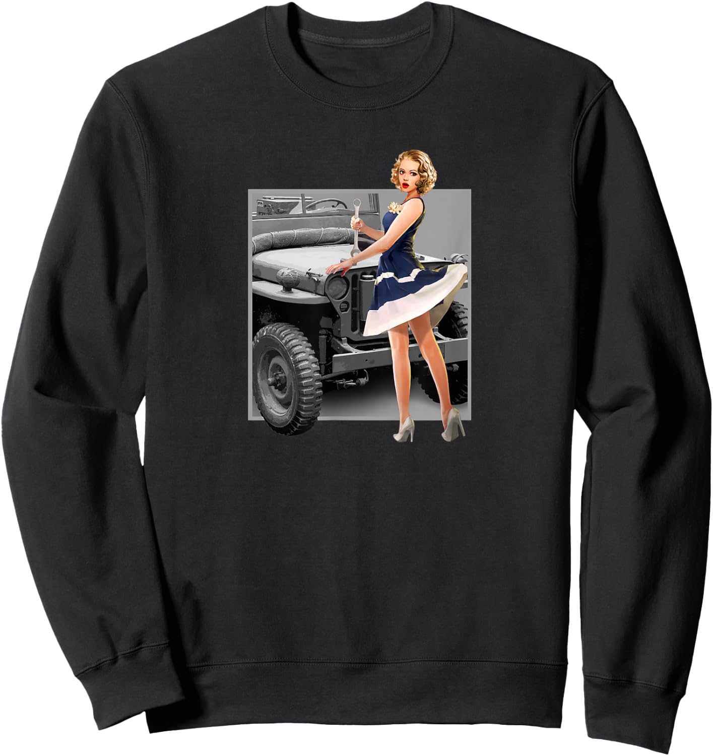 Pin up Girls Willys MB WW2 Poster Vintage Sweatshirt - Sweatshirt | Black