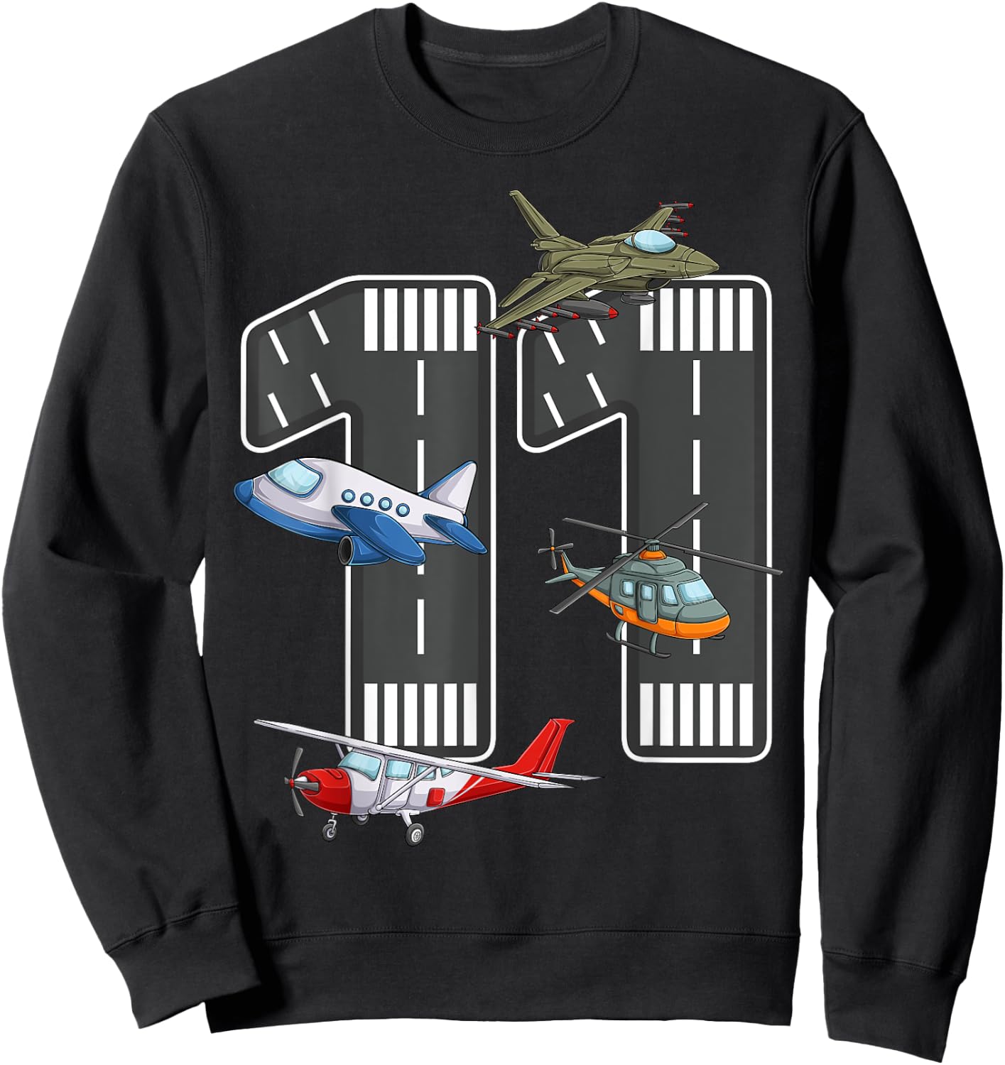 Little Pilot 11th Birthday Party 11 Eleven Year Old Airplane Sweatshirt - Sweatshirt | Black