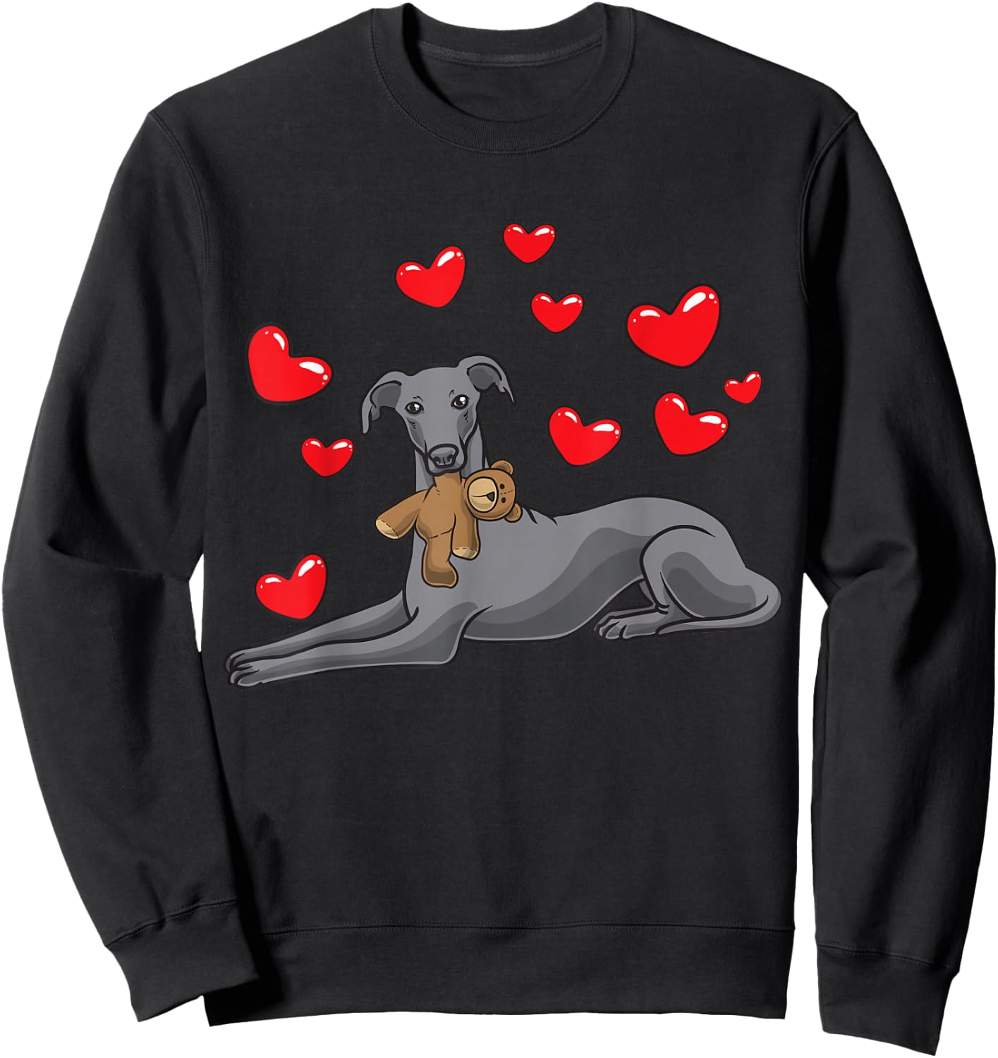 Italian Greyhound Dog With Stuffed Animal And Hearts Sweatshirt - Sweatshirt | Black